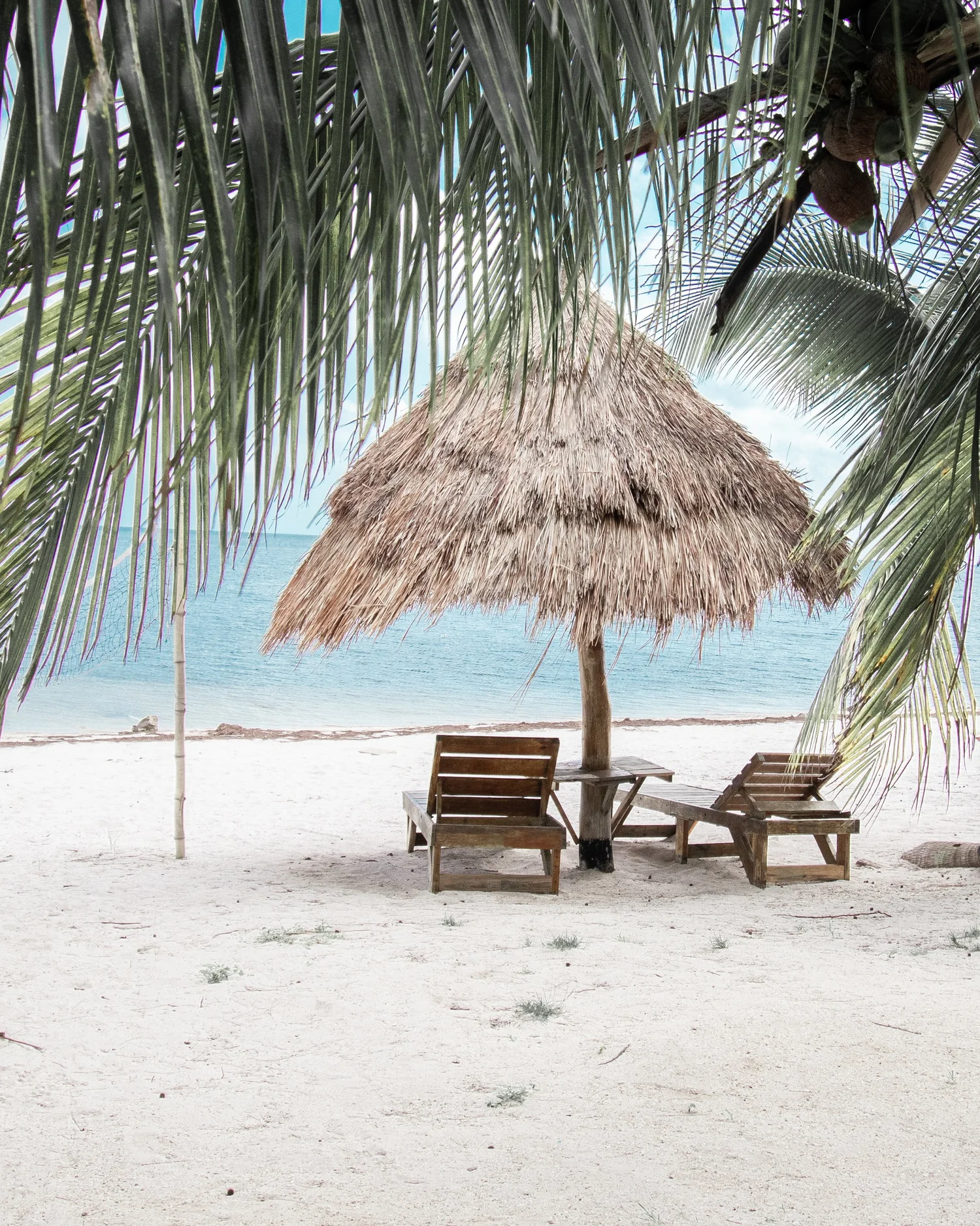 A quiet beach with a thatched palapa