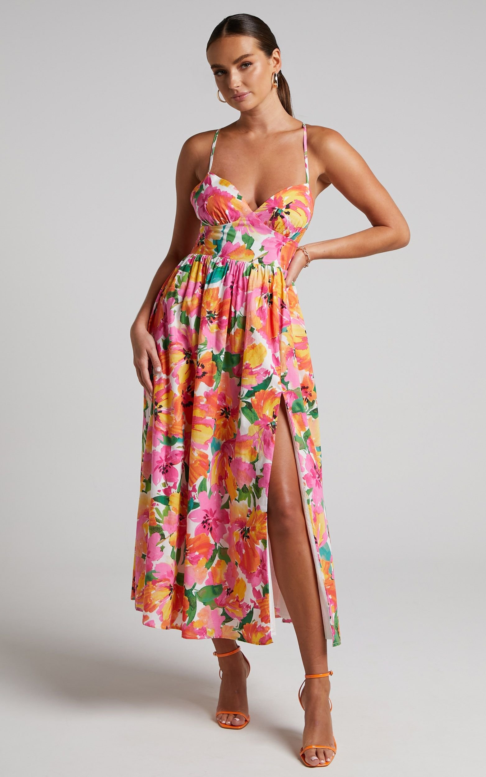 Shairah Midi Dress - Cross Back Gathered Sweetheart Dress in Bloom.jpeg