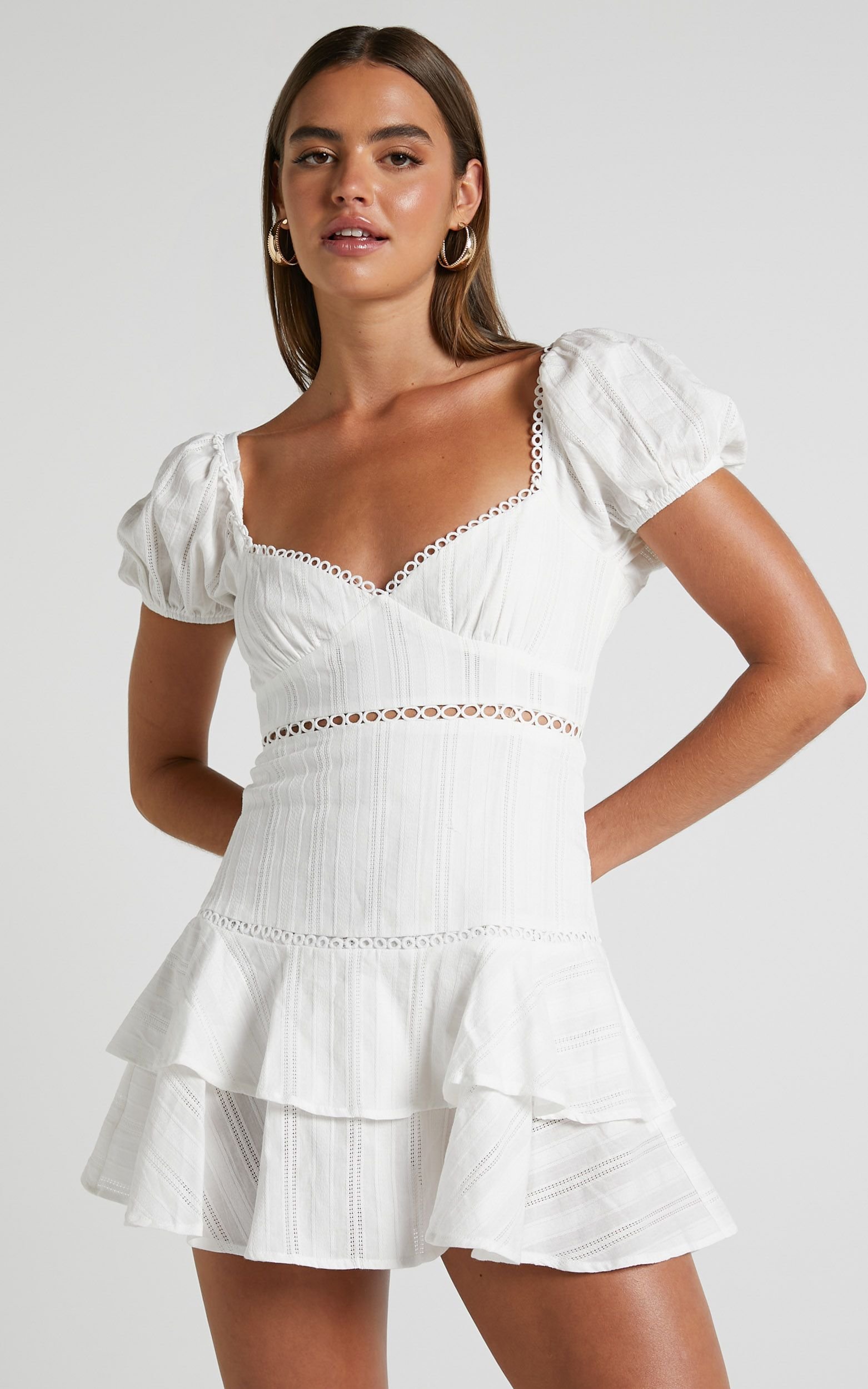 Rhyken Puff Sleeve Frill Detail Mini Dress in Off White.jpeg