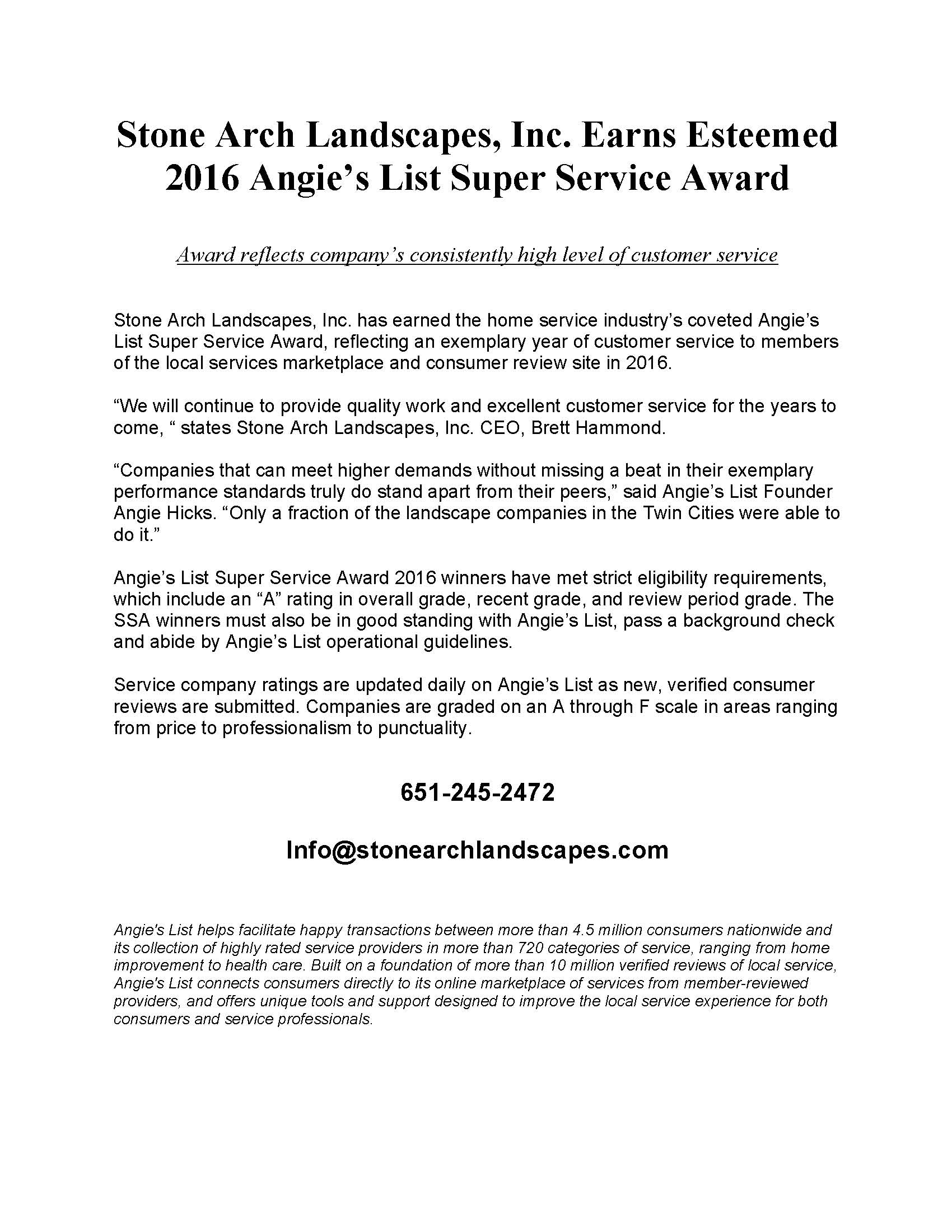 2016 Angie's List Super Service Award — Stone Arch Landscapes Minneapolis  Minnesota