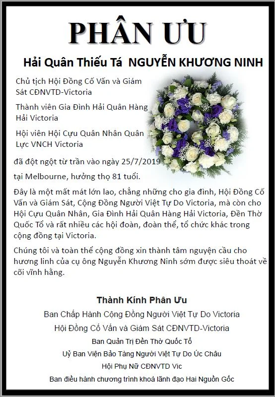 Thành kính phân ưu - Thiếu Tá Hải Quân QLVNCH - Chủ Tịch Hội Đồng Cố Vấn &amp; Giám Sát BCH CĐNVTD Vic