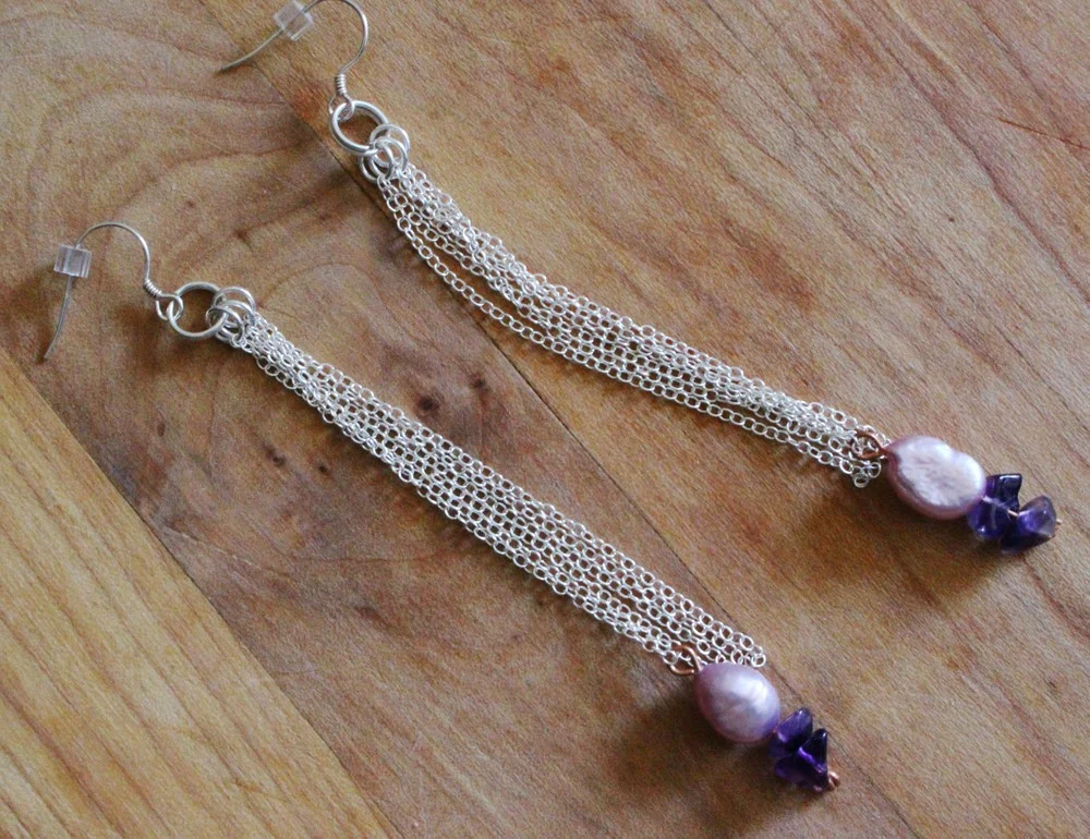 Sterling Silver Freshwater Pearl & Amethyst Duster Earrings