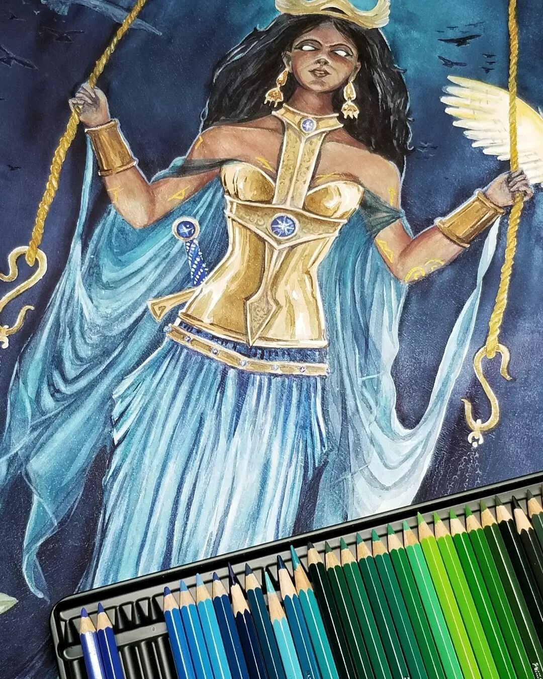 I'm almost finished the &quot;Justice&quot;card for the ETA tarot deck of 2024!!! Over 40 hours and only a few more to go! Here's my latest WIP pic. 

#watercolor #watercolourart #watercolour #watercolorart #watercolorartist #aquarelle #aquarelleart 