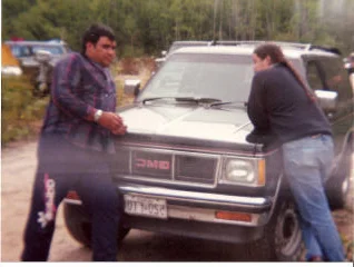 Russell Diabo (ABL Advisor) and Algonquins of Barriere Lake Chief Jean Maurice Matchewan talking during logging blockade, circa 1989.