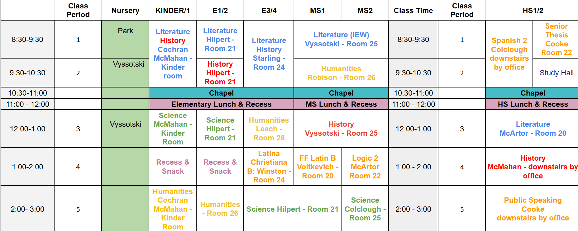School class schedule grid with subjects, periods, and classroom locations listed in different colors.