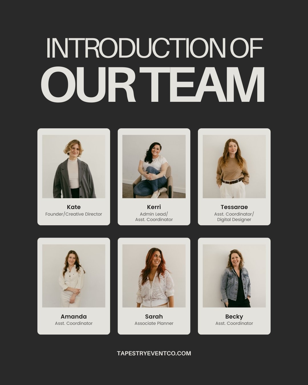 Meet our 2024 Tapestry Event Co. team! Every single one of our team members has been selected to give our clients the best possible experience from inquiry to wedding day and beyond. 

As the founder, I value each of these people so much for being pa