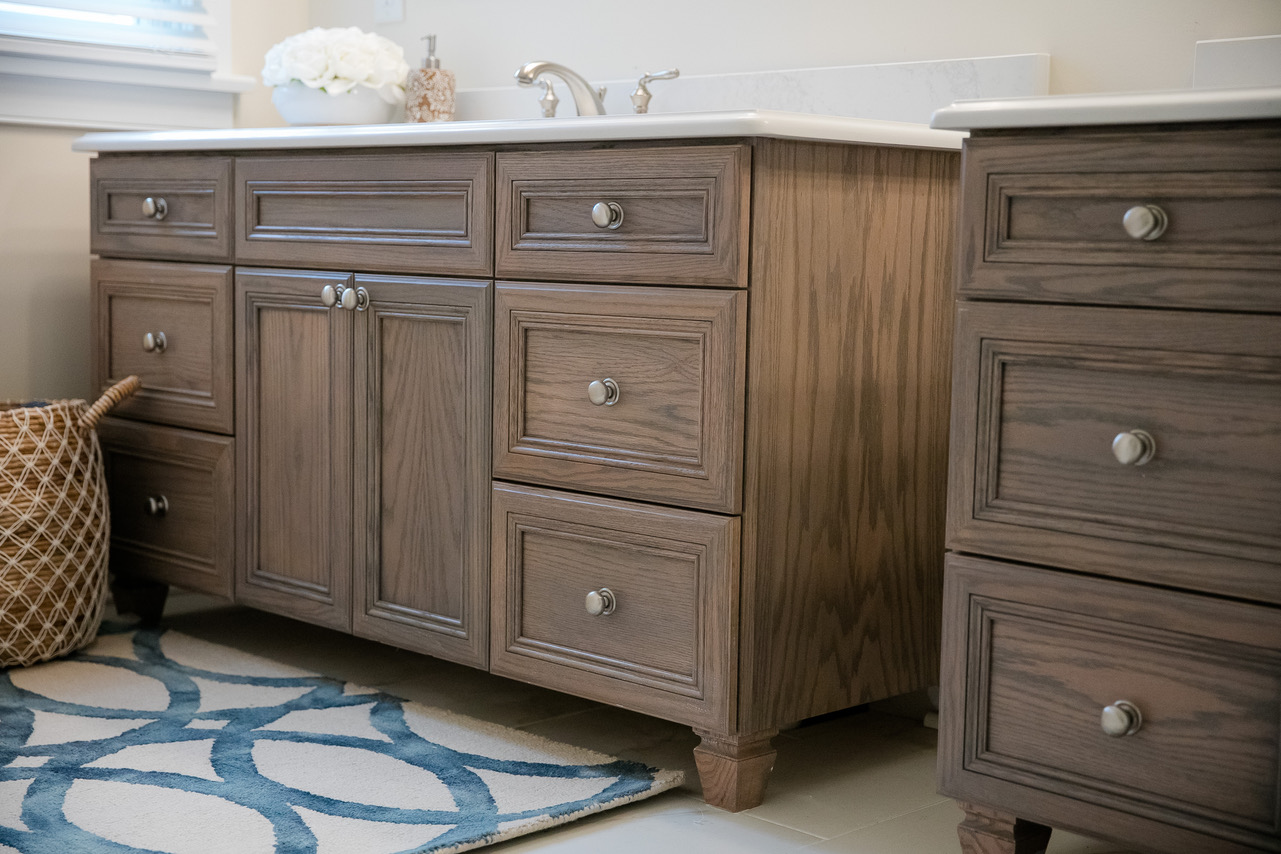 Brown wooden bathroom sink cabinets