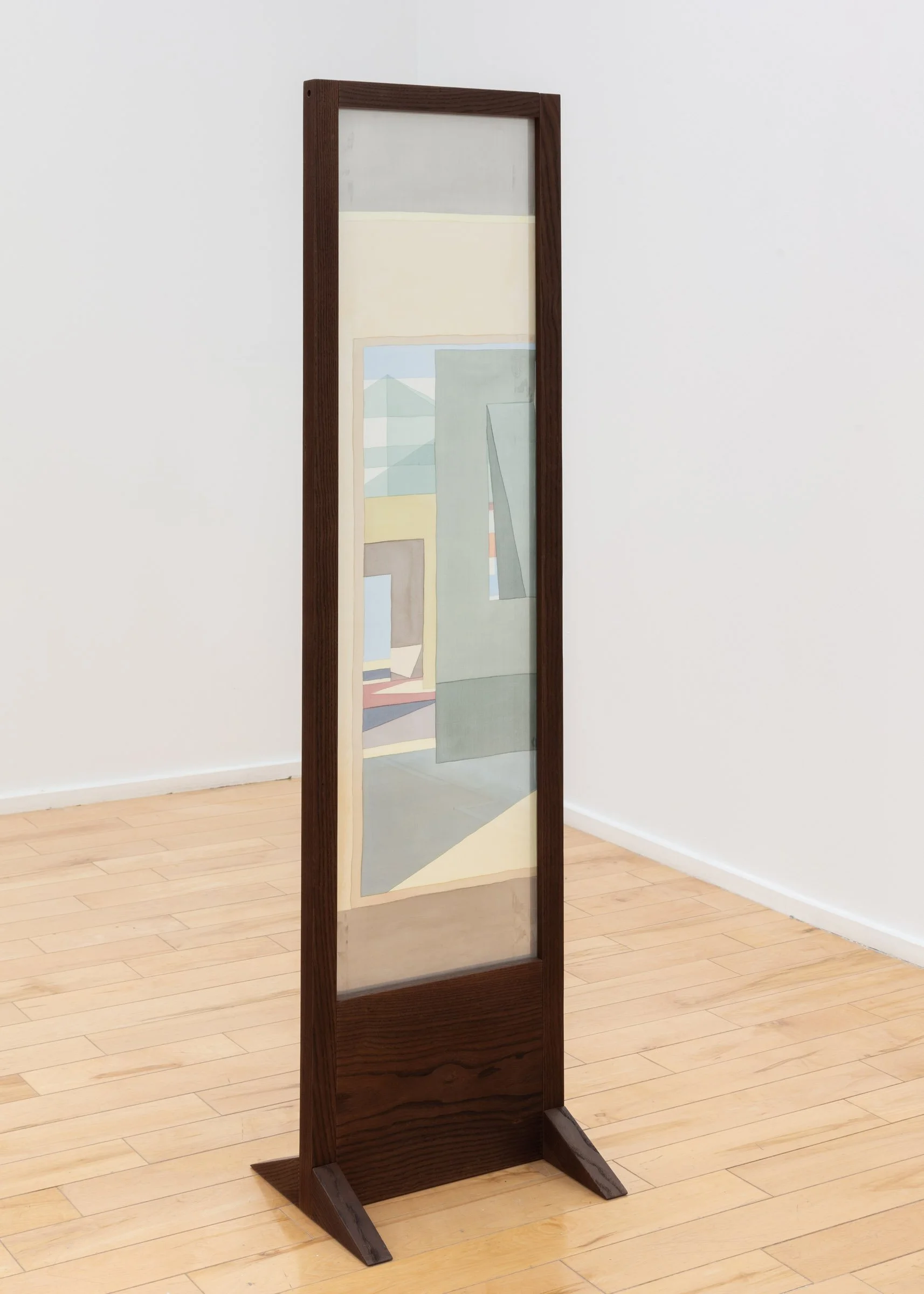   Threshold, Reflected Through (Loft),  2025, acrylic on piña silk, glass, and wooden support, 50.25 x 15.25 x 11.5 in.&nbsp;Photographed by LF Documentation 