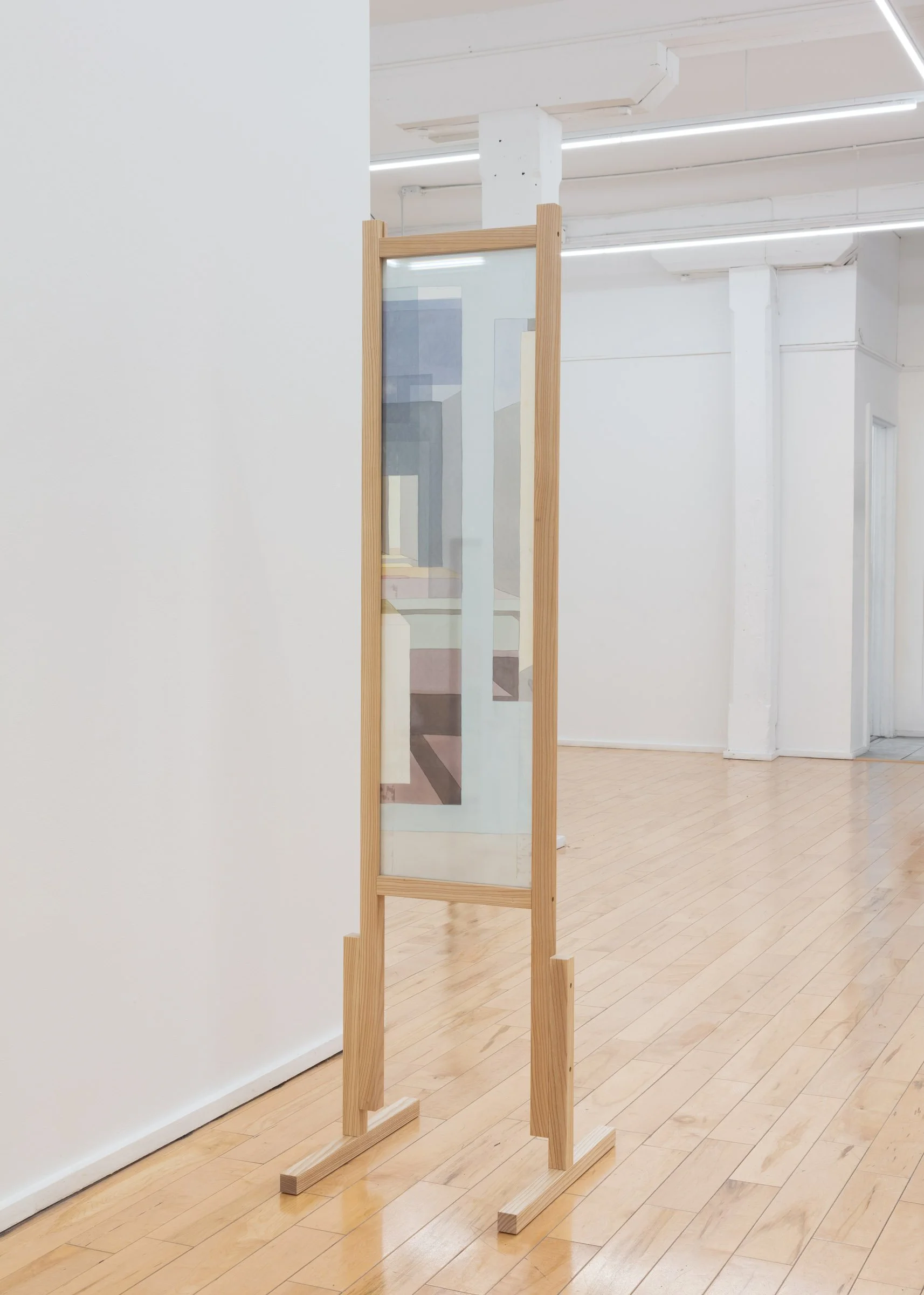   Threshold, Reflected Through (Bedroom),  2025, acrylic on piña silk, glass, and wooden support, 50.25 x 15.25 x 11.5 in.&nbsp;Photographed by LF Documentation 
