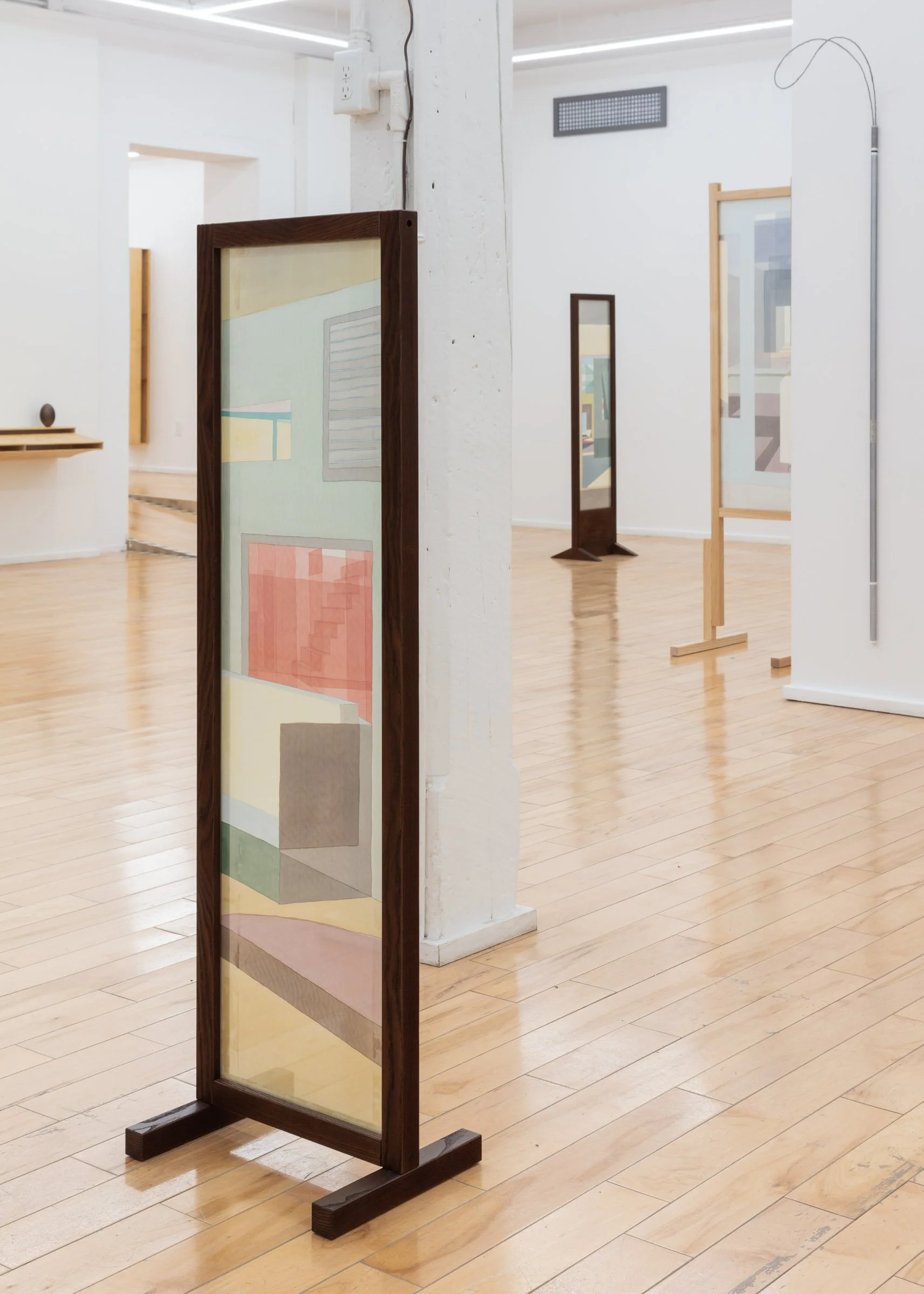   Threshold, Reflected Through (Basement),  2025, acrylic on piña silk, glass, and wooden support, 50.25 x 15.25 x 11.5 in.&nbsp;Photographed by LF Documentation 