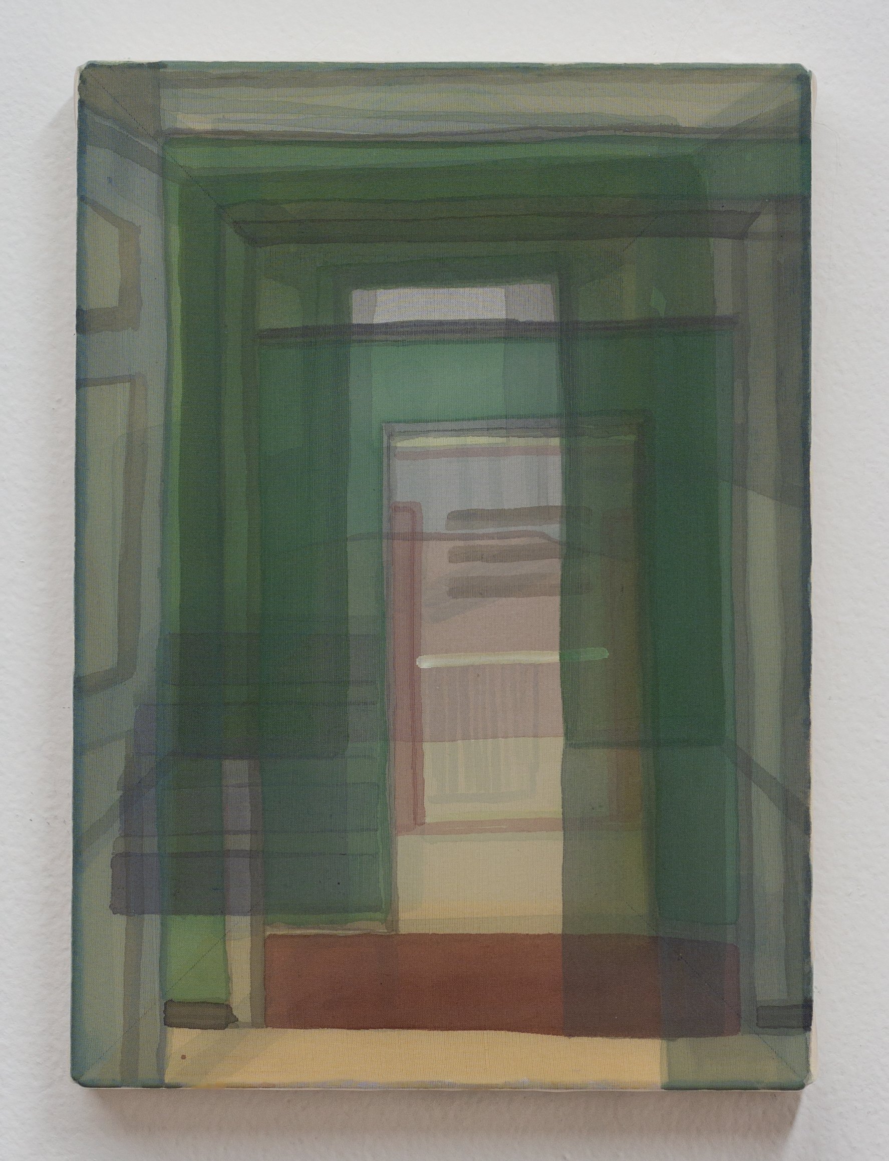   Through, current,  2026, acrylic on piña silk, 6 3/8 x 8 7/8 in. 