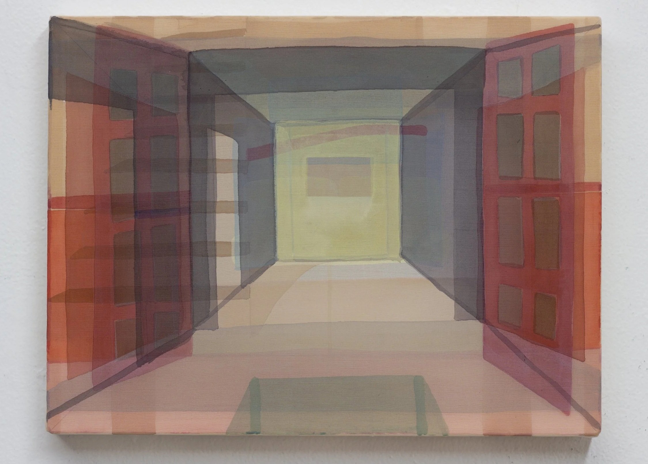   Through, glass doors,  2026 ,  acrylic on piña silk, 11 11/16 x 8 7/8 in. 