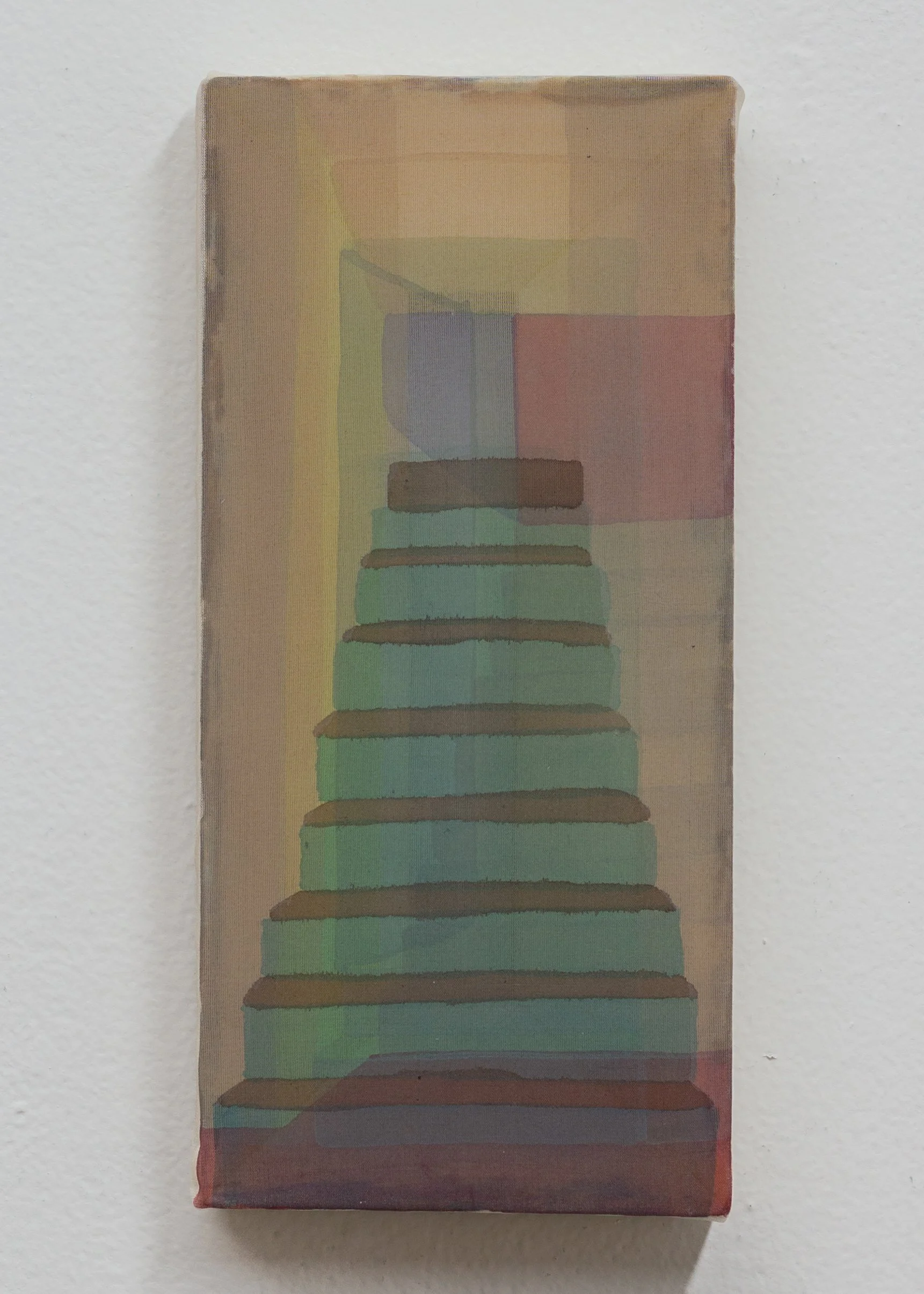   Through, up and down,  2026, acrylic on piña silk, 3 3/4 x 8 1/16 in. 