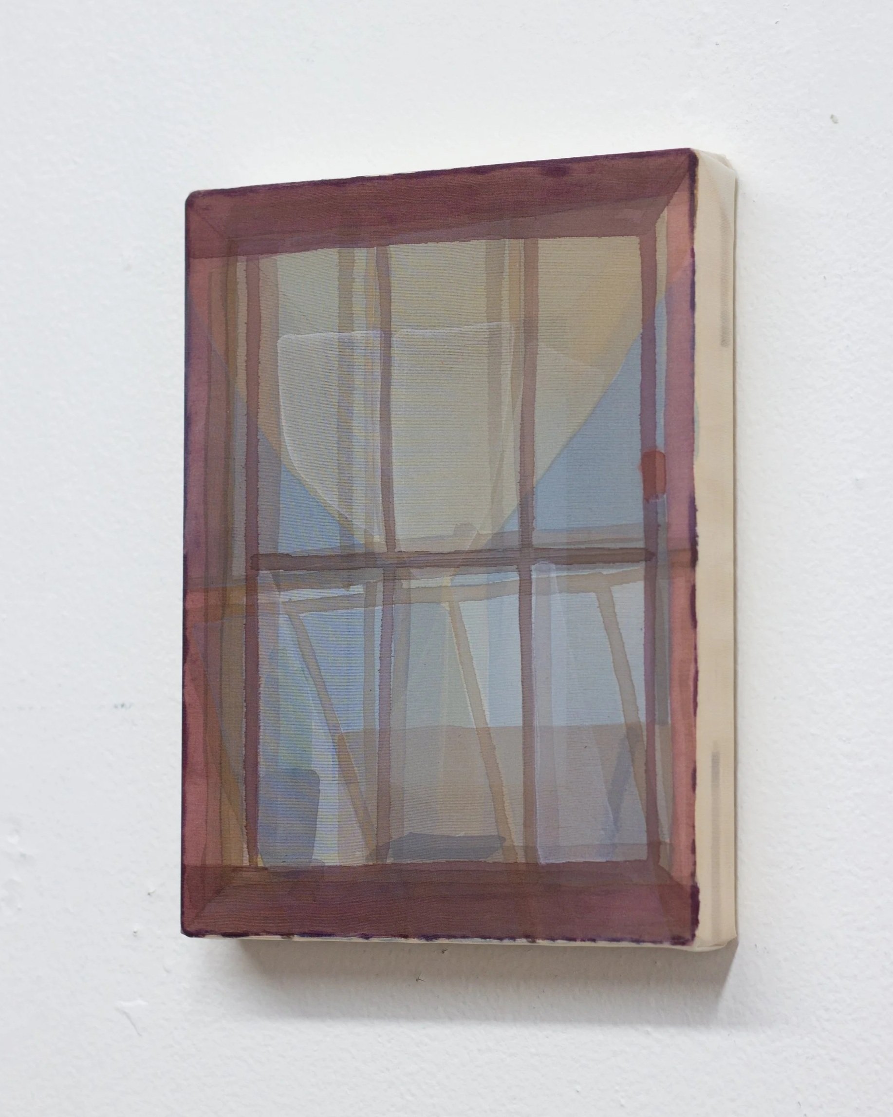   Through, four windows,  2026, acrylic on piña silk, 6 1/4 x 8 1/16 in. 