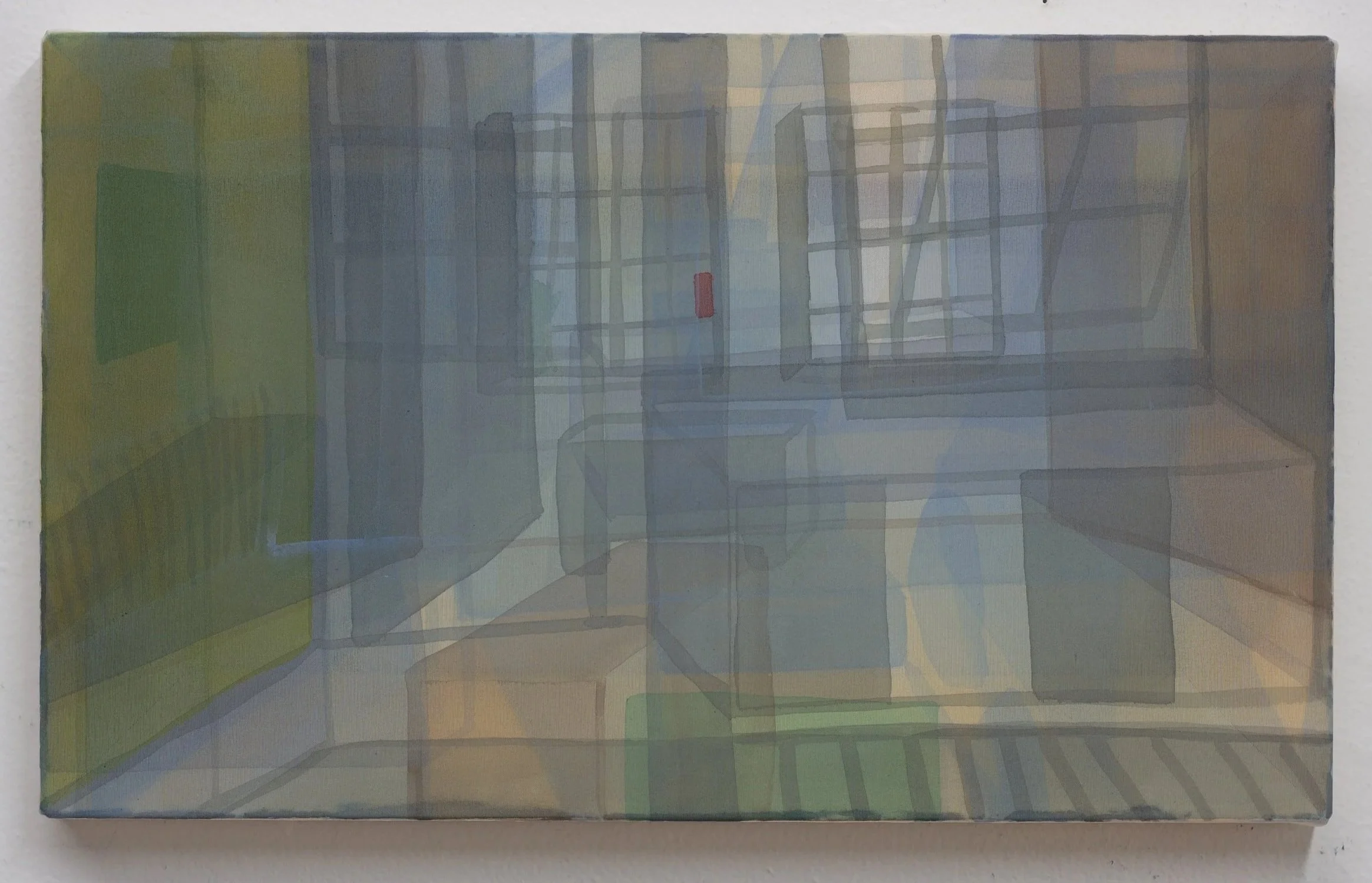   Through, corner studio,  2026, acrylic on piña silk, 14 1/2 x 8 7/8 in. 