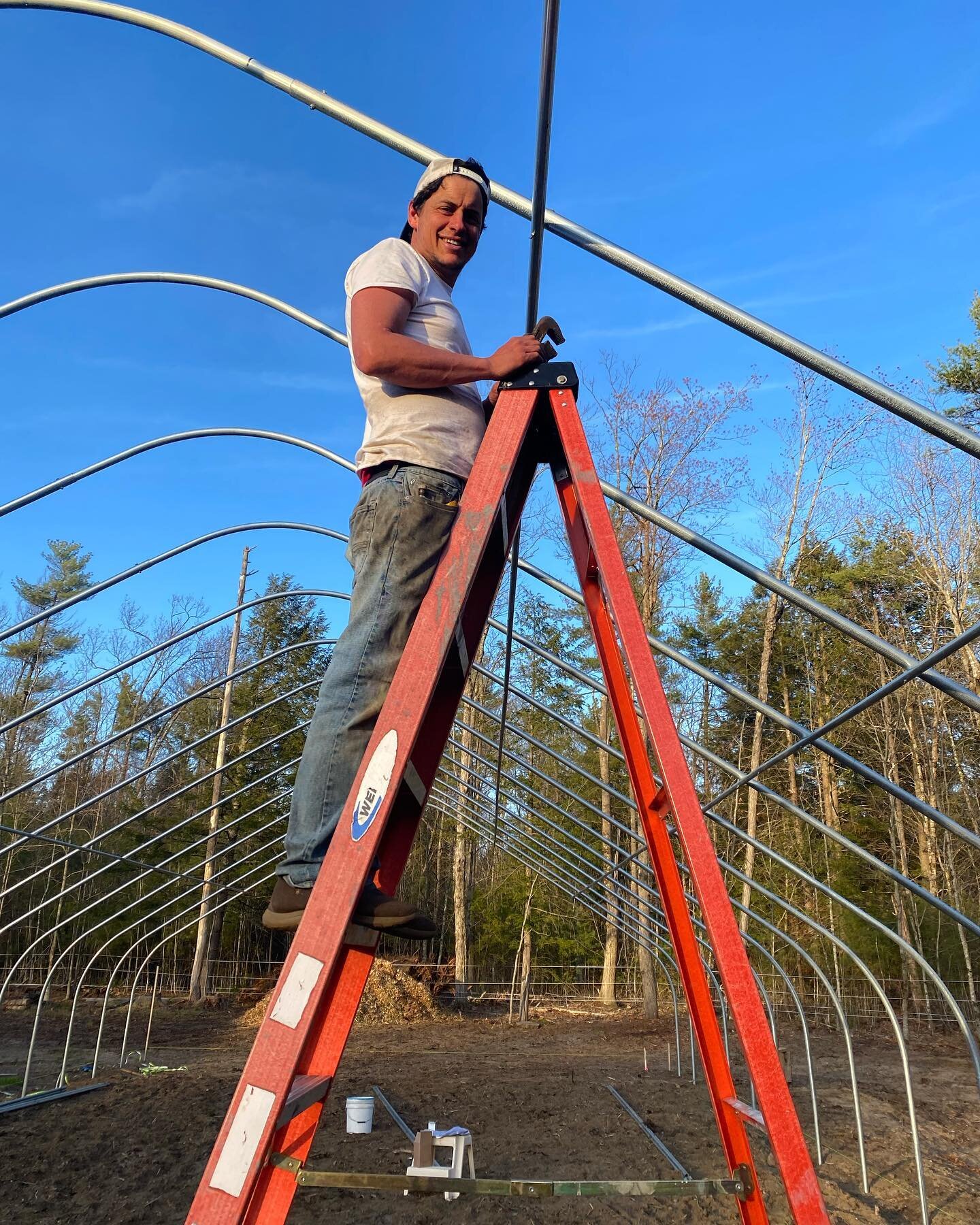 Tomer has been rocking the high tunnel build! Soon to be loaded with tomato, peppers and eggplant seedlings. Can&rsquo;t wait for summer harvests.