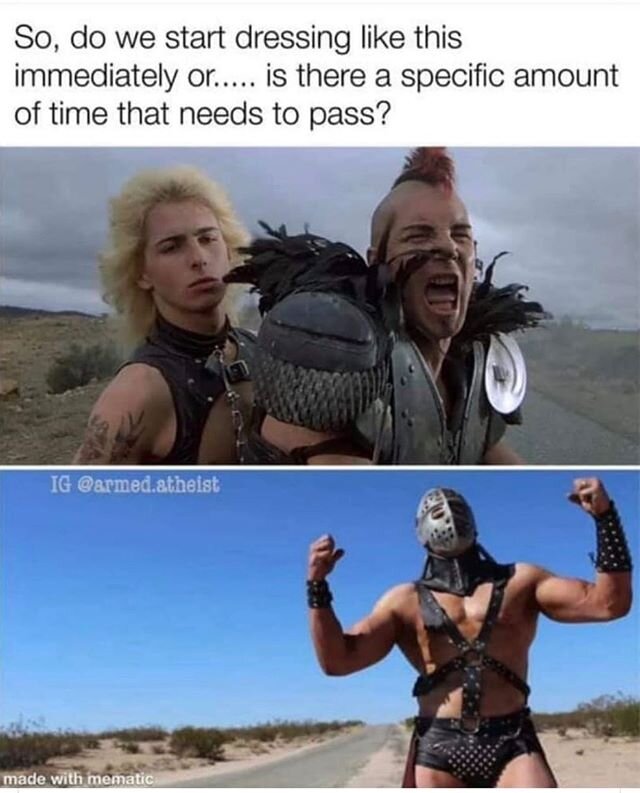 Comment below if you think we should wait to wear our mad max outfits or if you&rsquo;re game now. 
#KampApokalyptika #MadMax #burningman #industwetrust #bornready #apocalypse #apocalypticfashion #postapocalypticfashion #postapocalyptic #coronavirus 