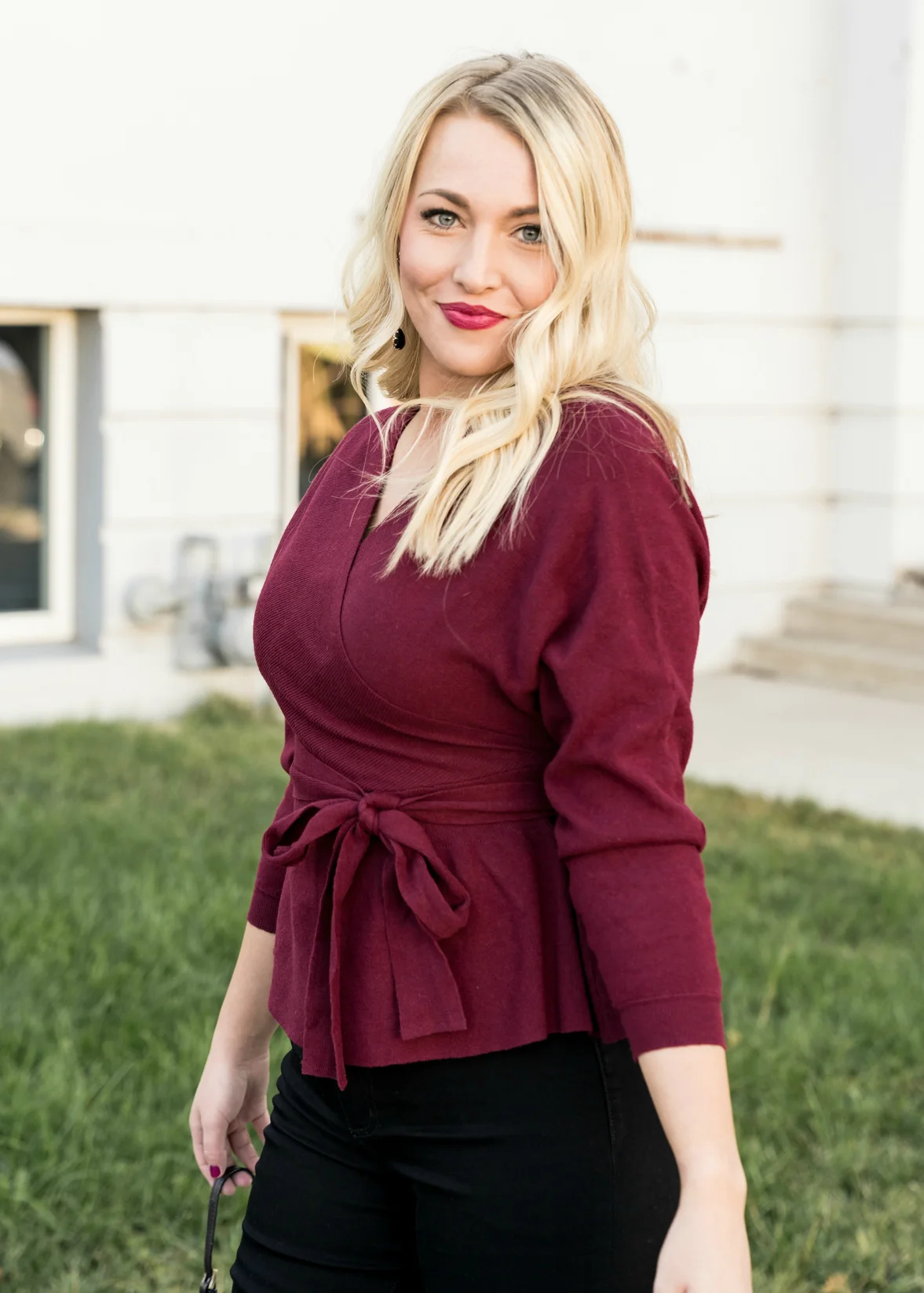I'M A LADY PEPLUM WRAP SWEATER IN BURGUNDY