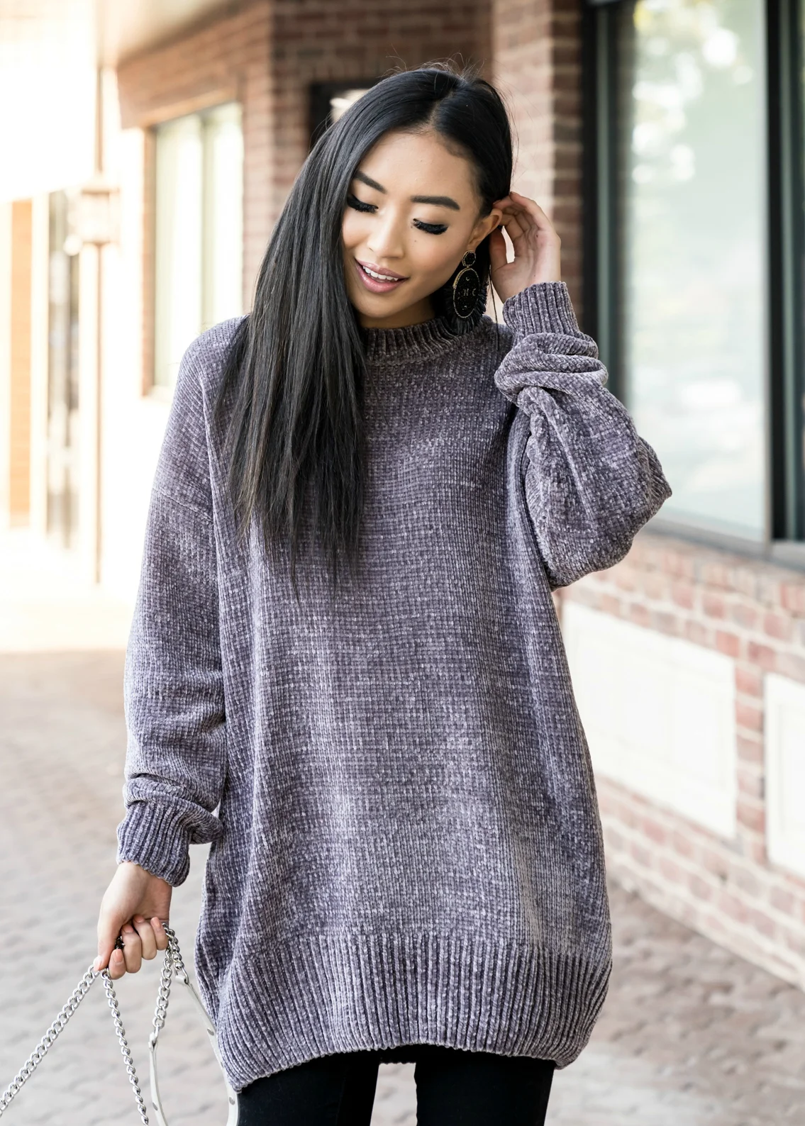 KEEP IT COMIN' CHENILLE BOYFRIEND SWEATER IN GREY