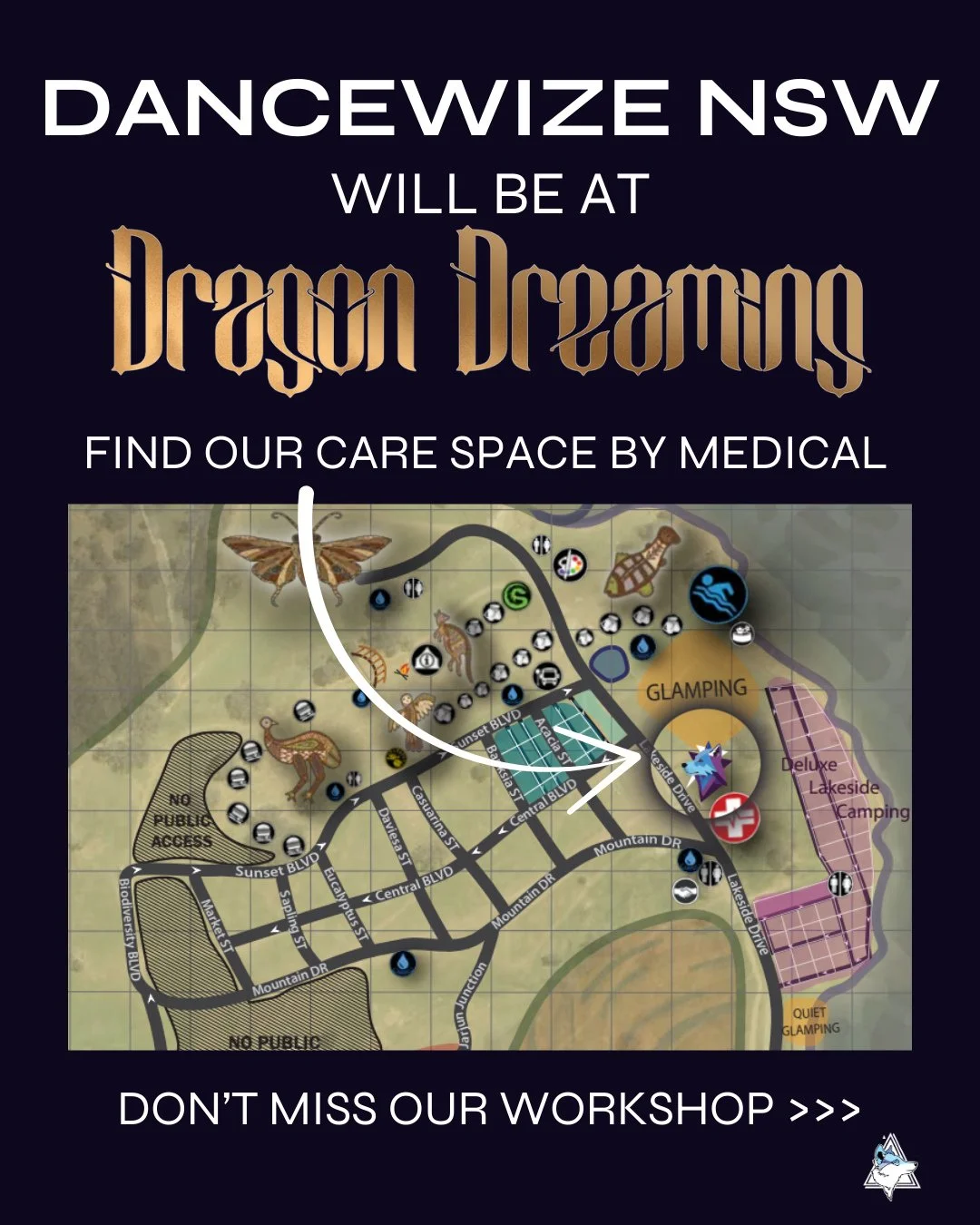 🐉 DanceWize NSW is heading to Dragon Dreaming this weekend.⁠
Find our care space by medical or flag down  our rovers in the purple vests if you need help.⁠
⁠
If you want to learn more about harm reduction don't miss our workshop on Friday night. Det