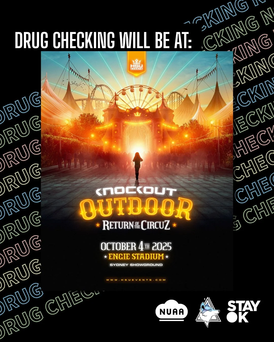 Drug Checking will be at @eventsu Knockout this weekend!⁠
⁠
The drug checking service uses the same entrance as the @dancewizeNSW care space. From the outside no one can tell if you're going in to have a sit down, grab some ear plugs or get your gear