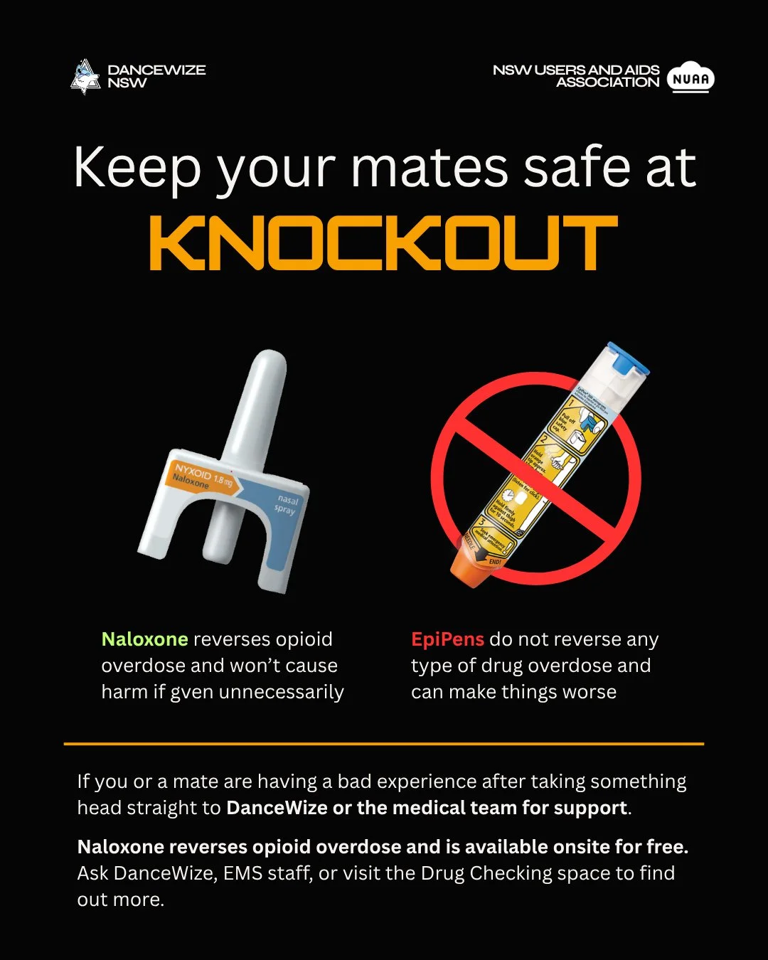 As the name suggests Pulp Fiction is just ✨fiction✨! EpiPens cannot reverse an overdose and could cause serious harm if you try it.⁠
⁠
Naloxone does reverse opioid overdose, best of all it's free and available onsite this weekend at Knockout. Ask Dan