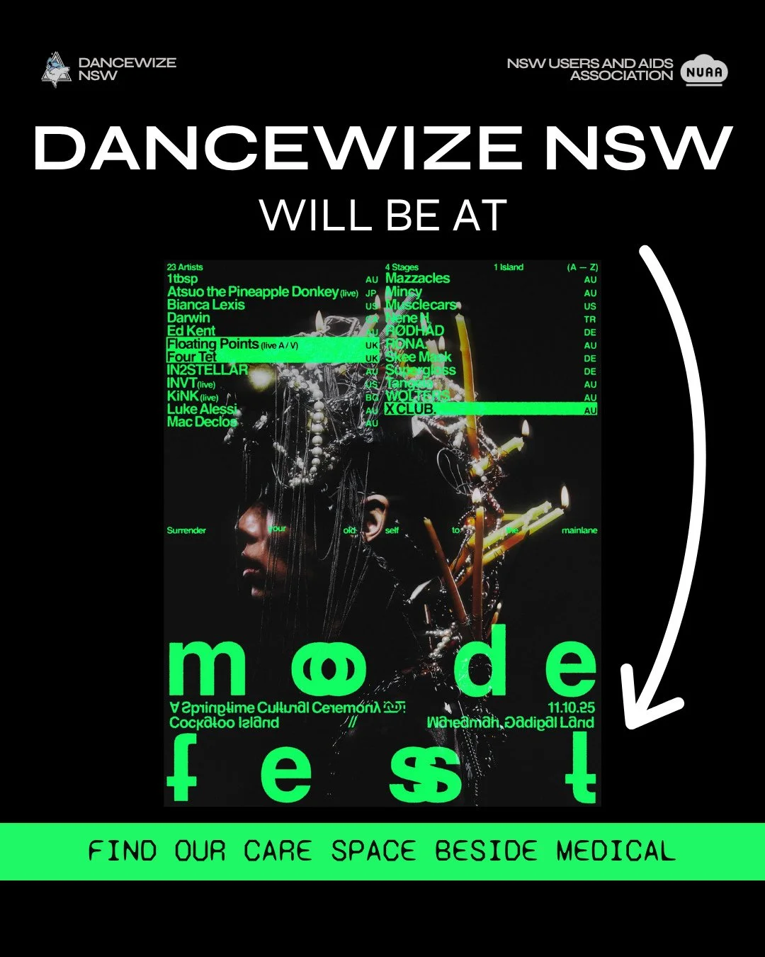 🐺 DanceWize NSW will be at @mode.festival this Saturday, October 11 💚⁠
⁠
Find our care space next the medical tent, across from the food trucks.⁠
⁠
It can get real warm on the dancefloor so be sure to stay hydrated and take breaks. ⁠
⁠
If you start