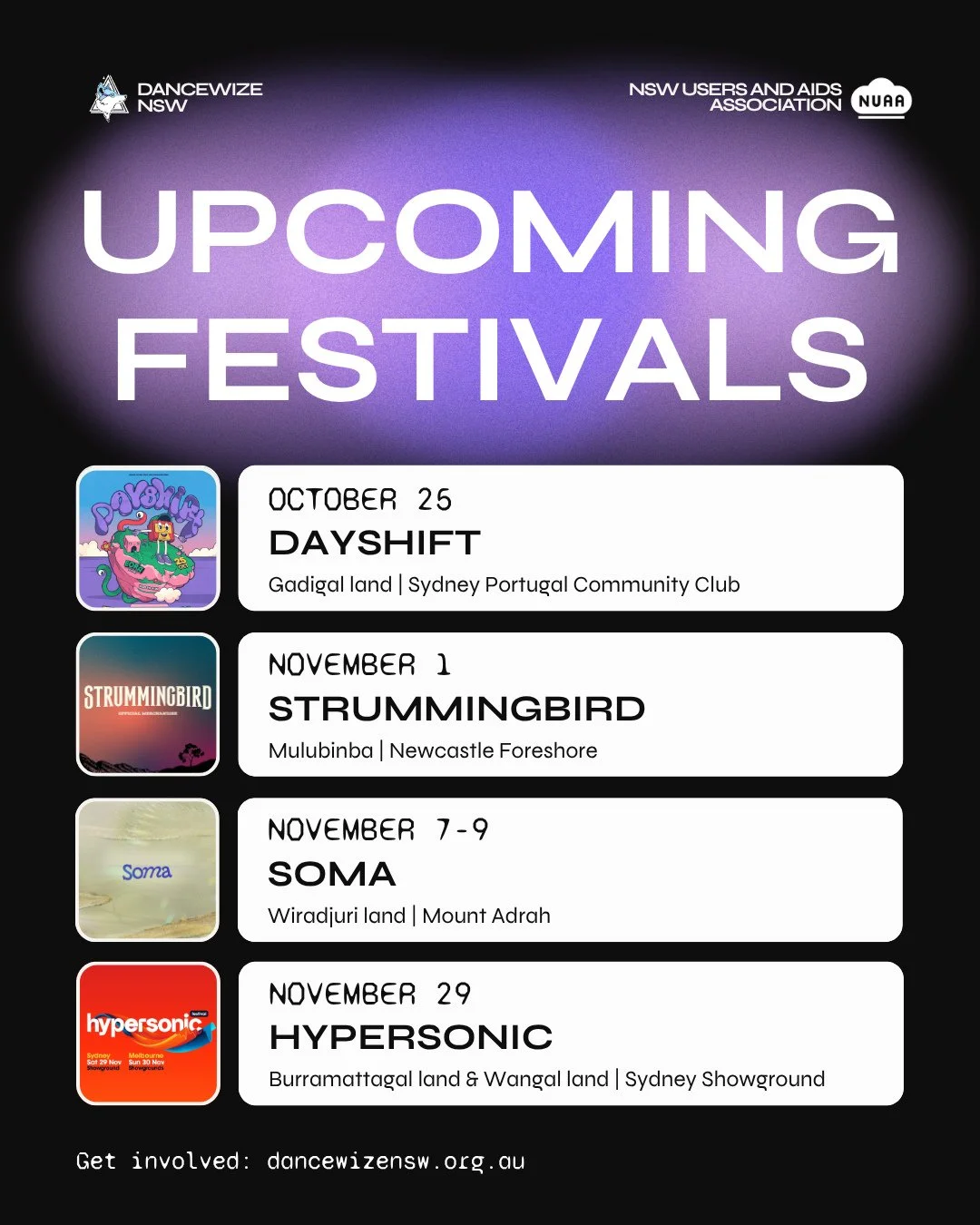 DanceWize NSW will be at:⁠
⁠
📼@dayshift.au October 25⁠
🤠@strummingbirdfestival November 1⁠
⛰️@soma__festival Soma November 7-9⁠
💫@hypersonicfestival.au November 29⁠
⁠
Our new volunteer form is now live so if you'd like to join the team apply today