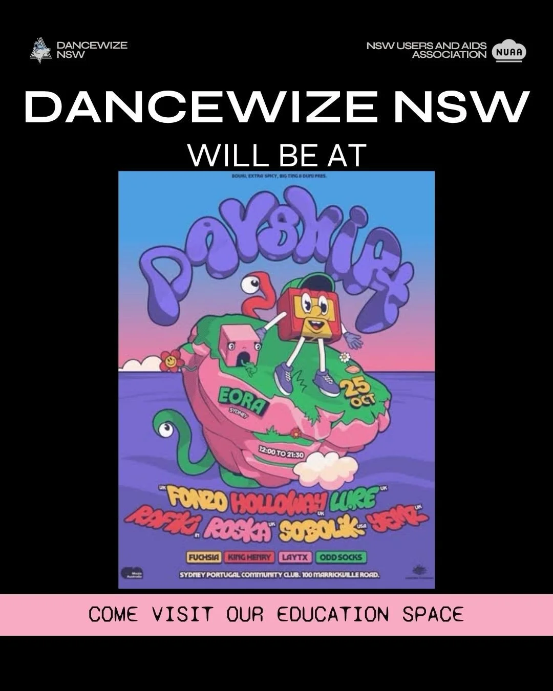 DanceWize NSW are at @dayshift.au Marrickville tomorrow ☀️
Come visit our education stand on The Green by the markets! 
Be sure to stay hydrated and if you’re feeling a bit off flag down one of our rovers in the purple vests.
#dancewiz