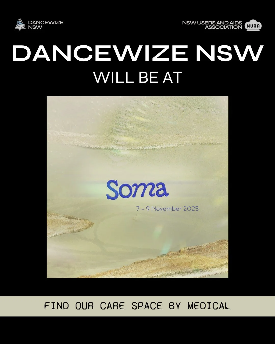 DanceWize NSW will be at @soma__festival Friday 7 - Sunday 9 November. ⛰️⁠
⁠
Find our care space tent by medical or keep an eye out for our rovers in the purple vests.⁠
⁠
Take care of yourself and your mates. Carry naloxone and if something feels off