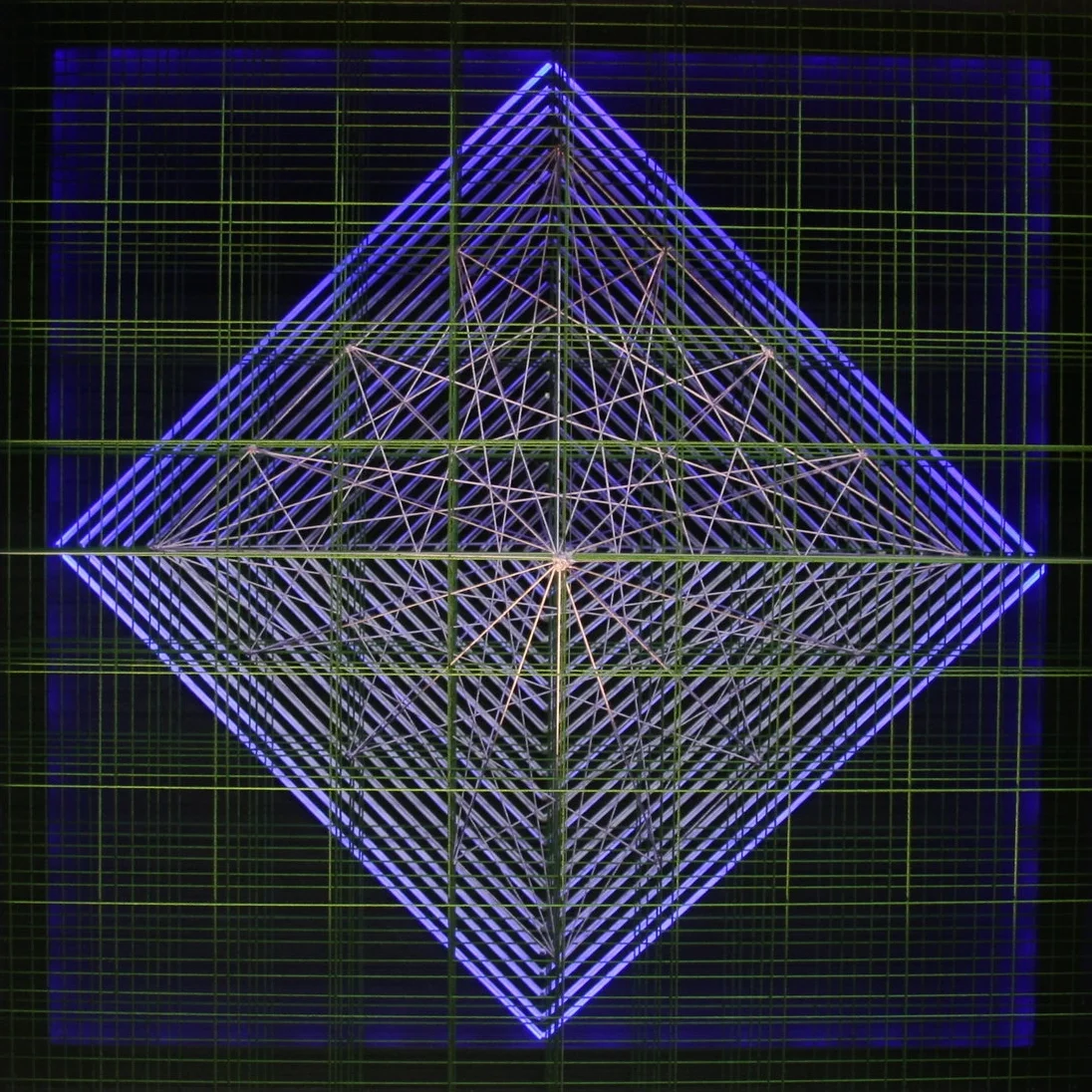    invisible  ,&nbsp;2015, 52x52x26 cm / 20.5x20.5x10.2 in, cotton, wood, nails, paint, ultraviolet light 