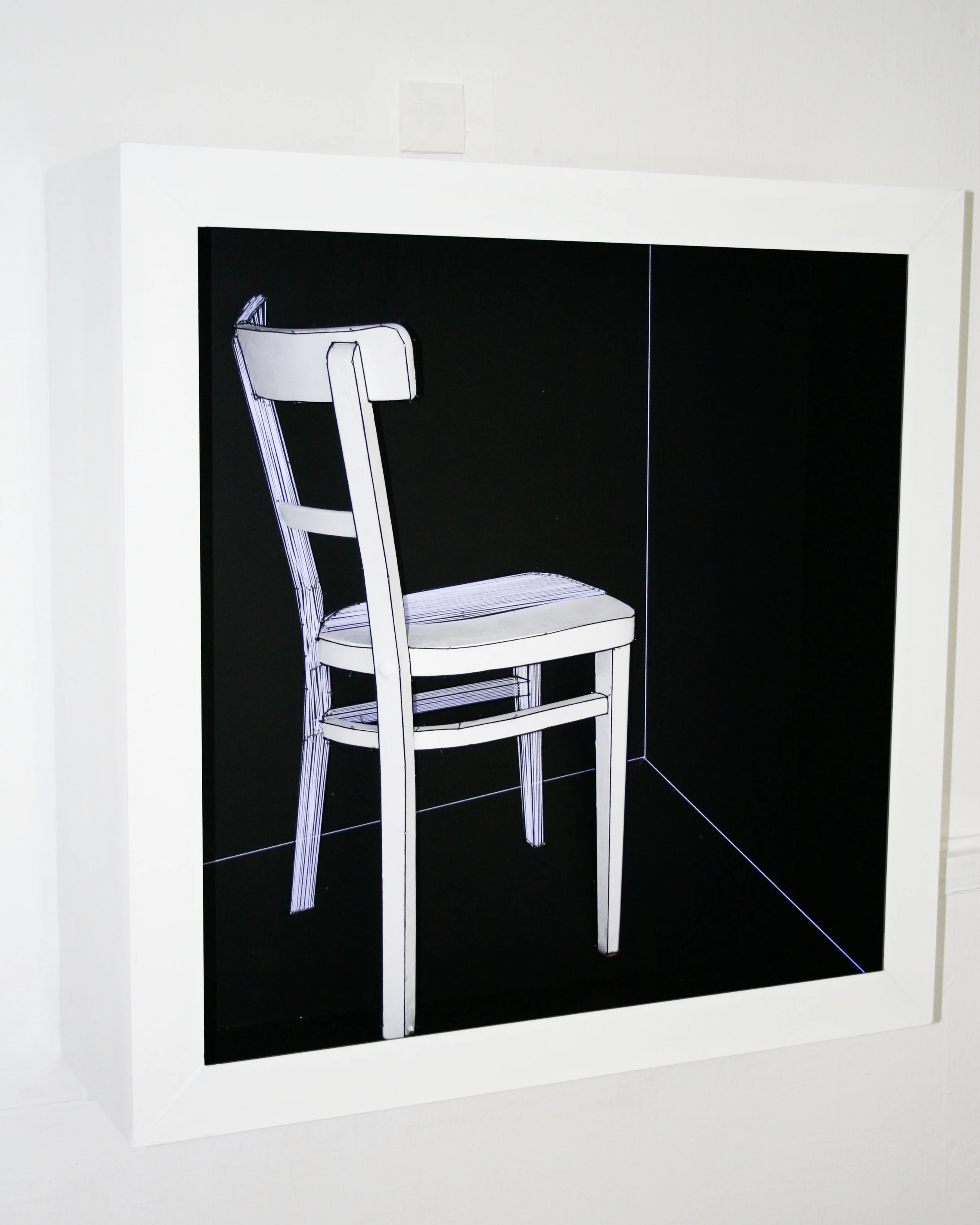   chair in the box  , 2014, 100x100x31 cm/ 39.4x39.4x12.2 in, cotton, half chair, nails, paint, ultraviolet light&nbsp; 