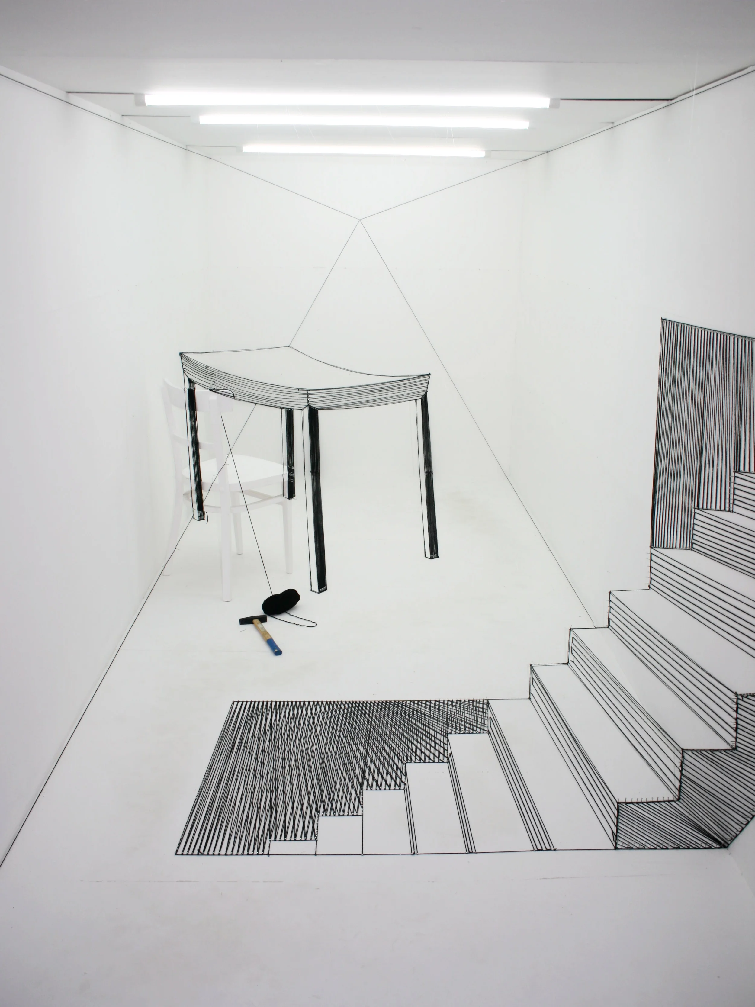    maybe downstairs  , 2013, 180,180x400 cm/ 70.9x70.9x157.4 in, cotton, wood, nails, paint 