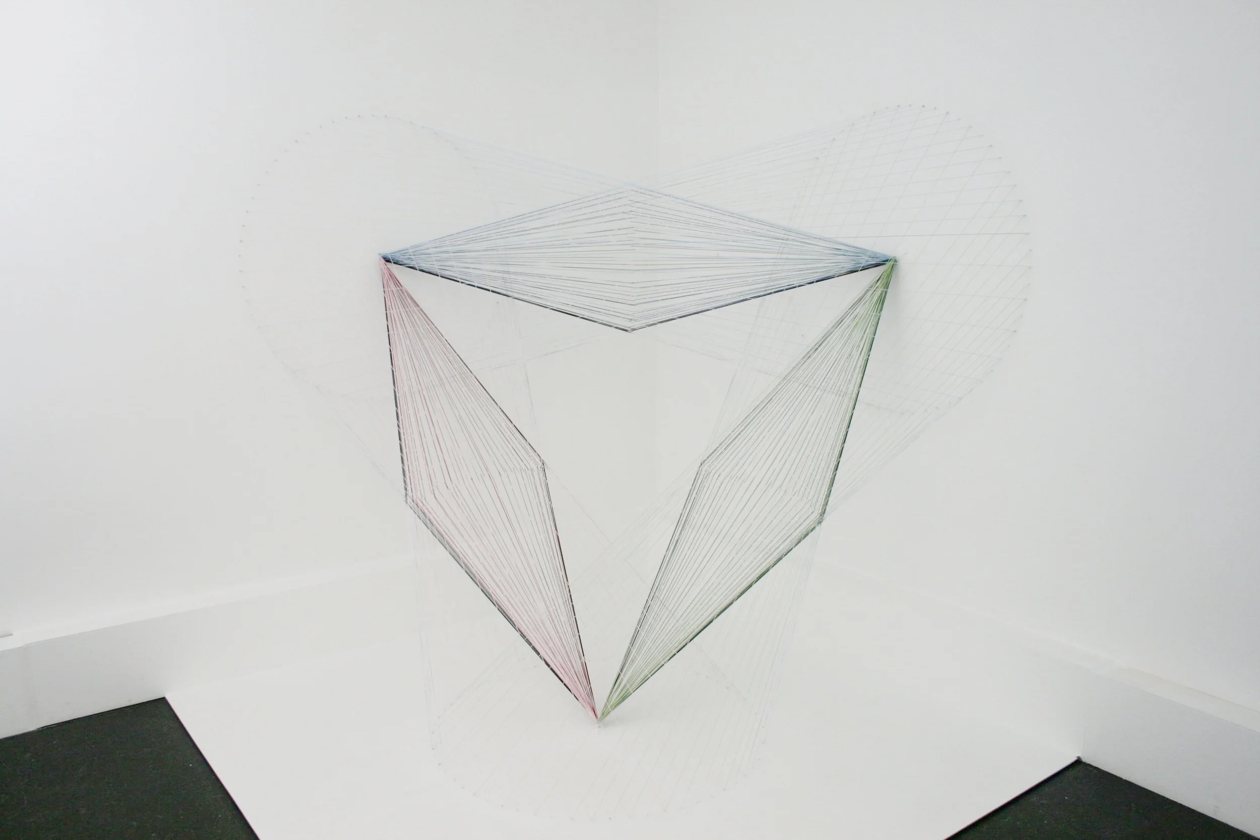    Ecke, Skizze, Symmetrie  , 2016, 78.7x78.7x78.7 in, cotton, wood, nails, emulsion paint 