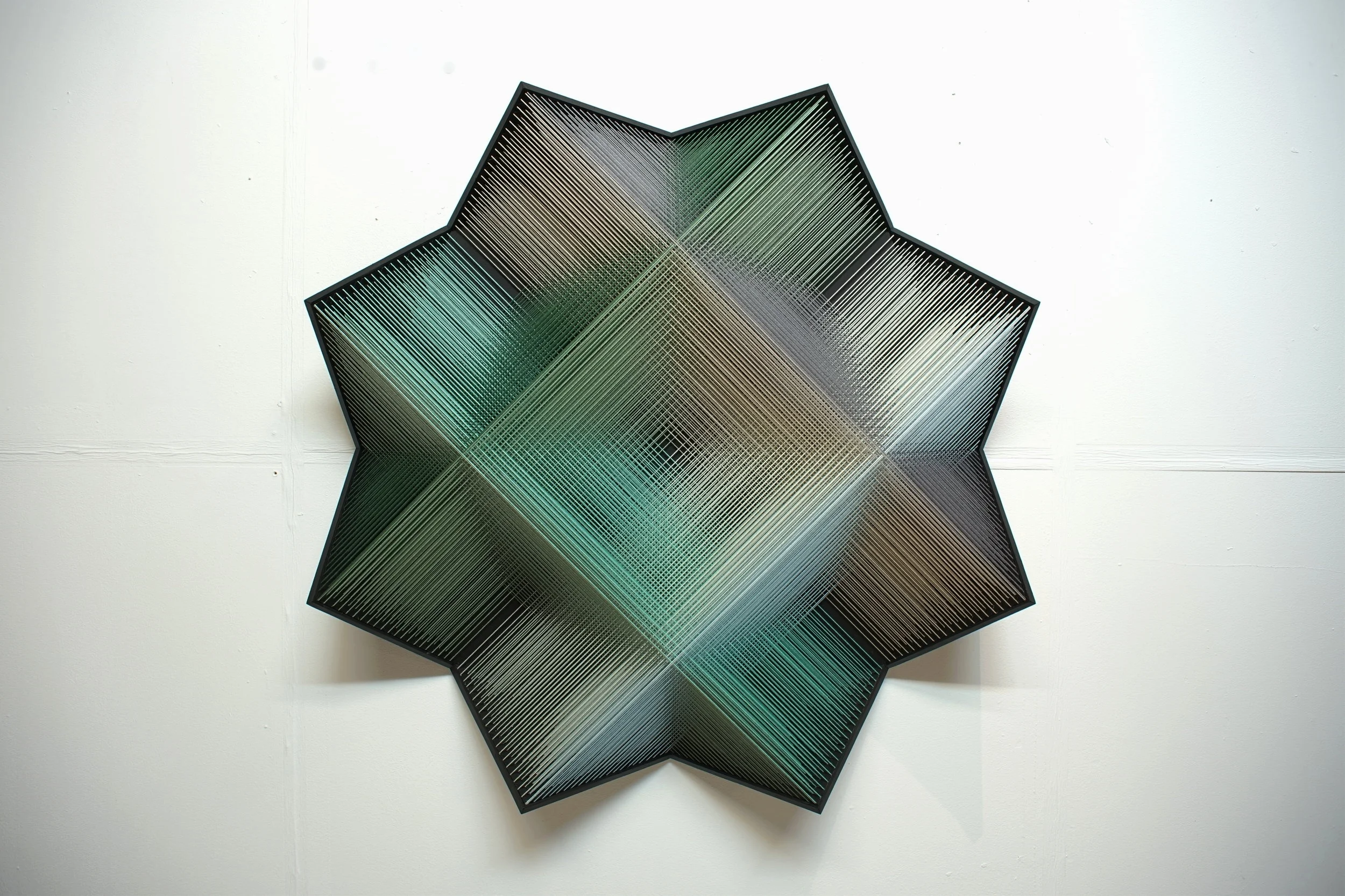    into green,   2018, 82x82x16 cm, cotton, wood, nails, paint    