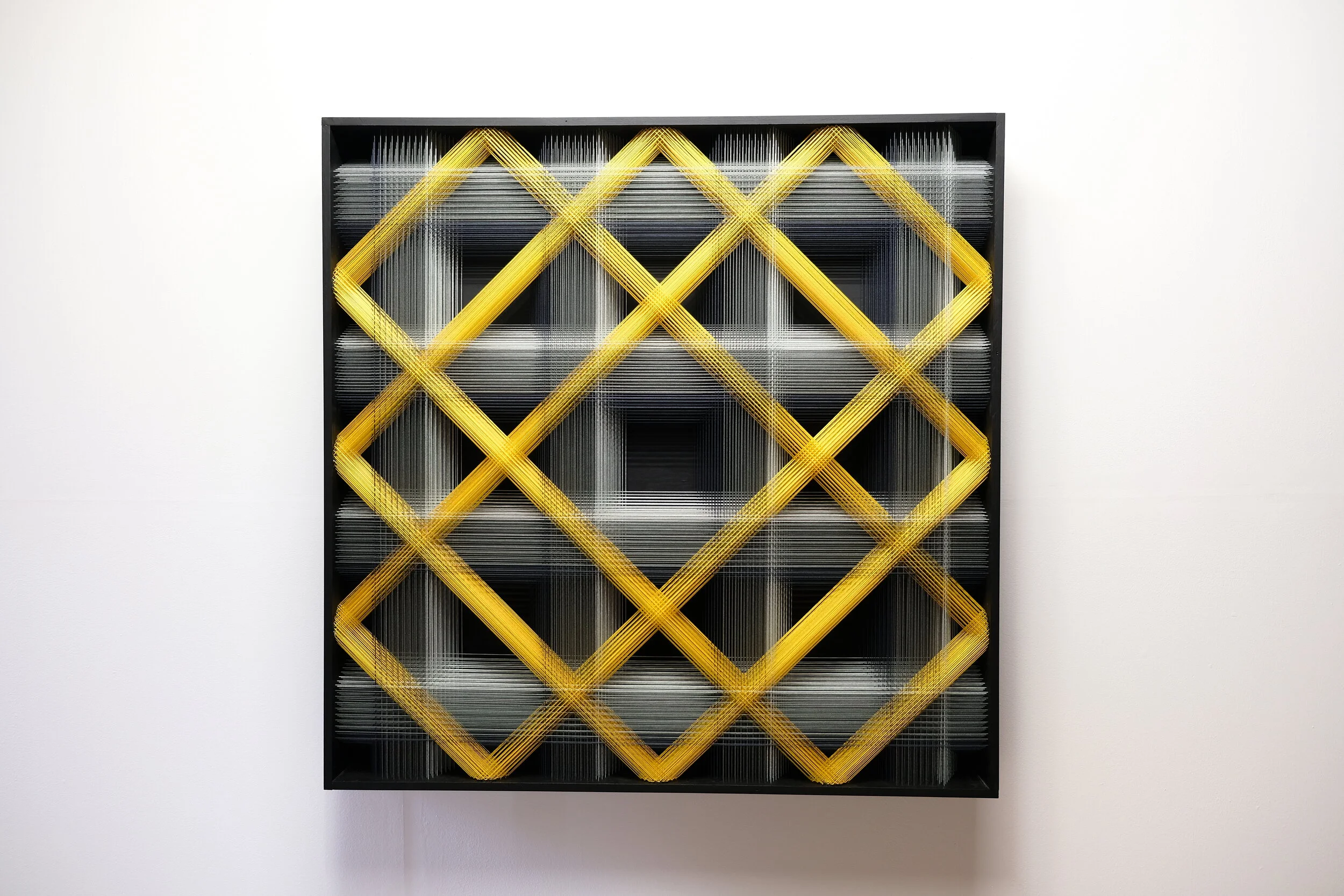    Gold&amp;Ashes  , 2019, 113x113x14 cm/ 44 1/2 x 44 1/2 x 5 1/2” in, cotton, wood, staples, paint 