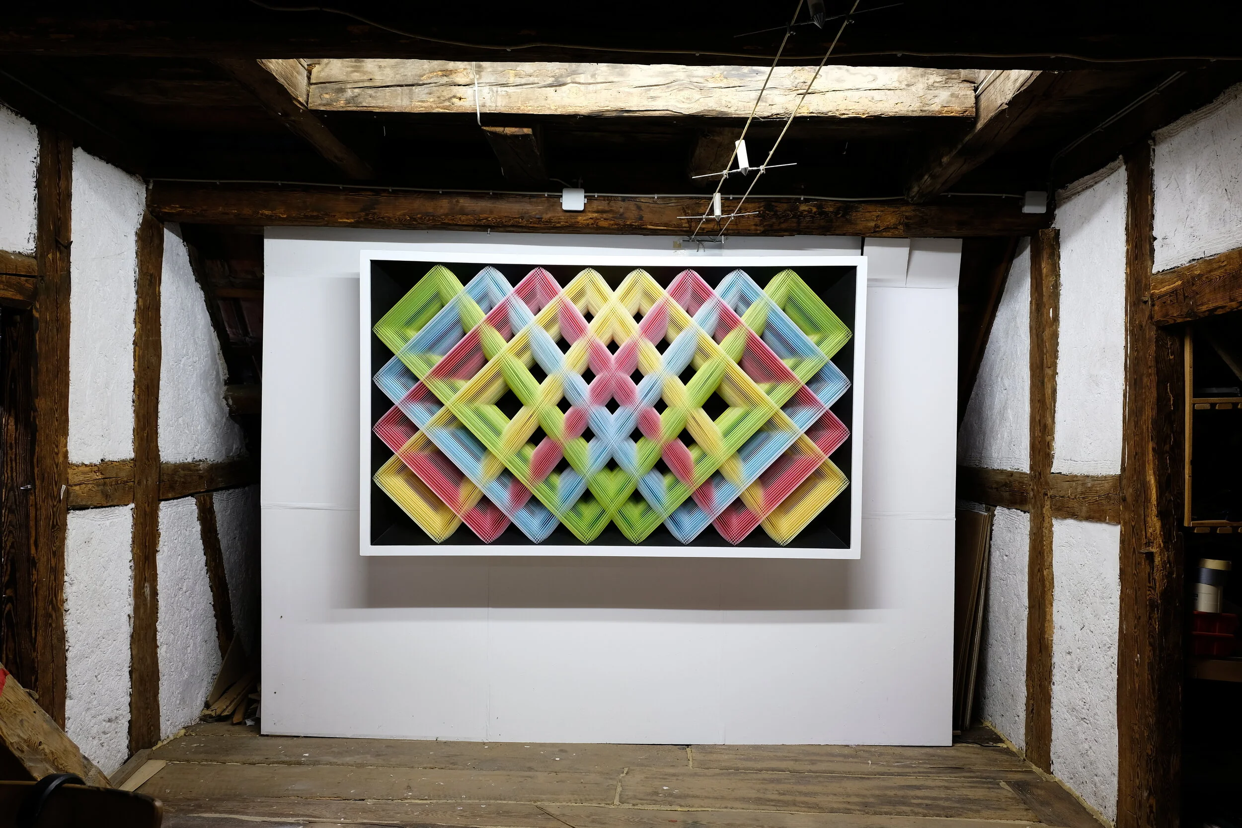    Secret Pattern  , 2019, 122x203x28,5 cm / 48 x 79.7 x 11.2 in, cotton, wood, staples, paint 