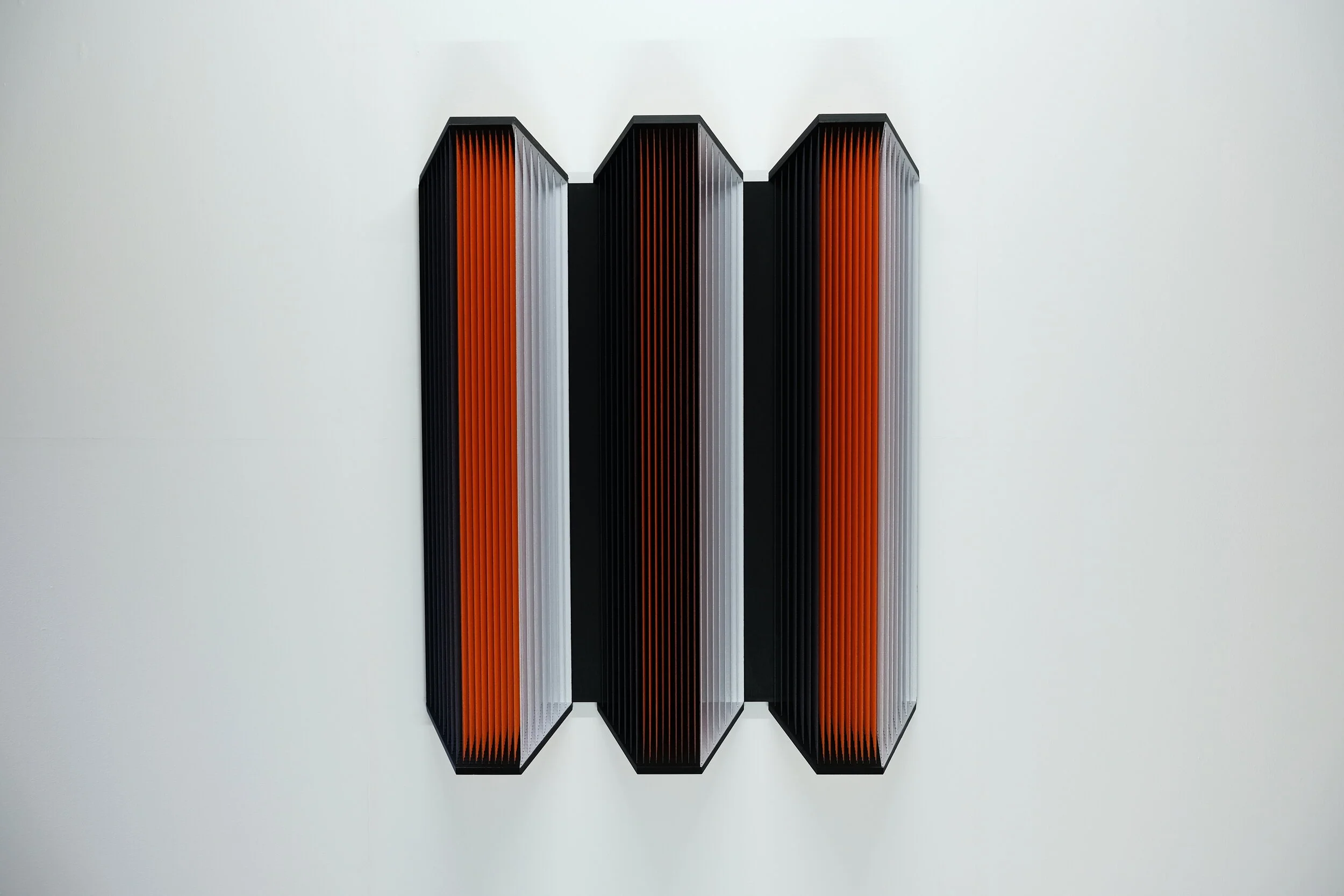    Stealth Orange  , 2019, 101x80x16 cm/ 39.8 x 31.5 x 6.3 in, cotton, wood, staples, paint 