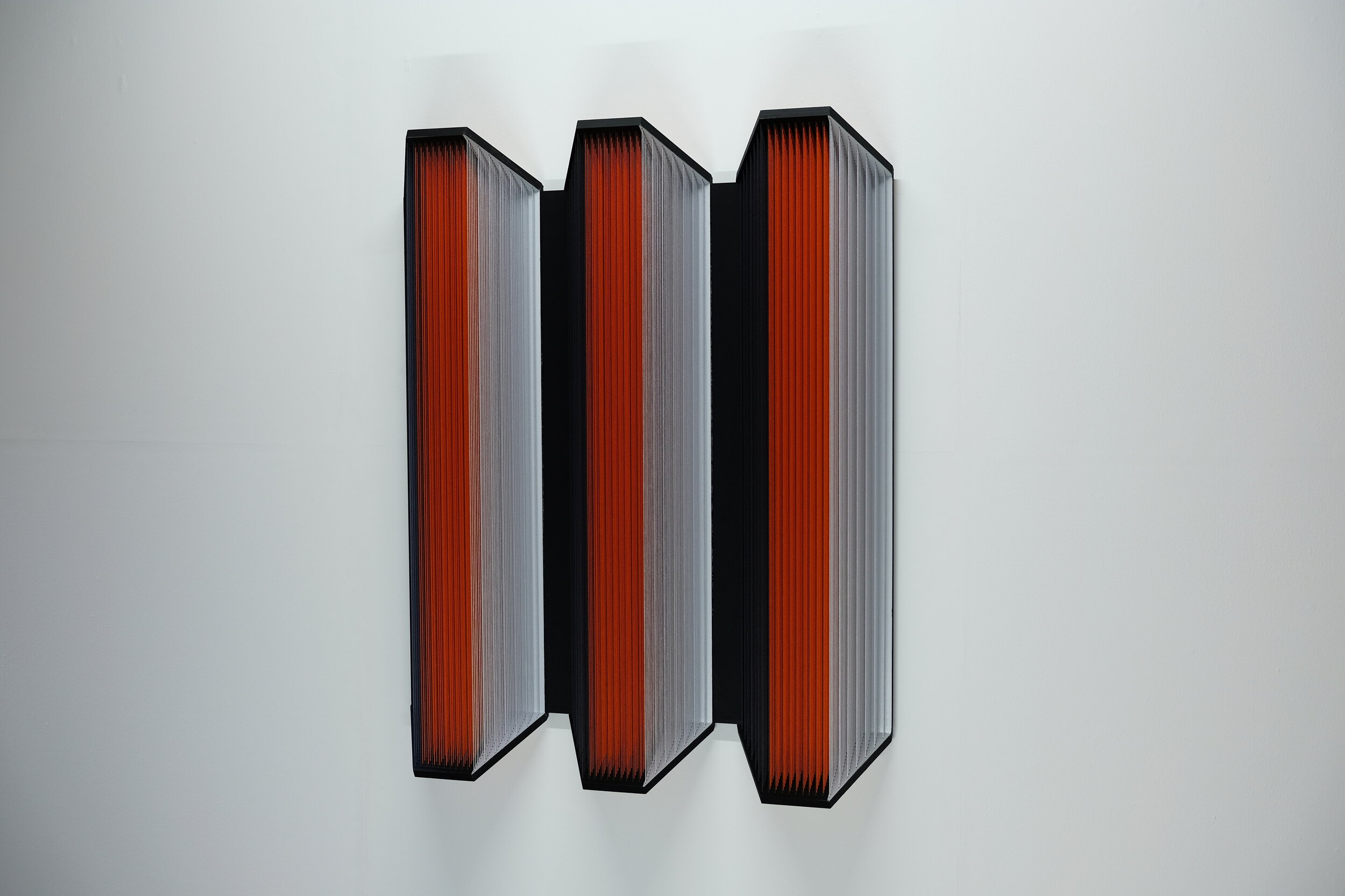    Stealth Orange  , 2019, 101x80x16 cm/ 39.8 x 31.5 x 6.3 in, cotton, wood, staples, paint 