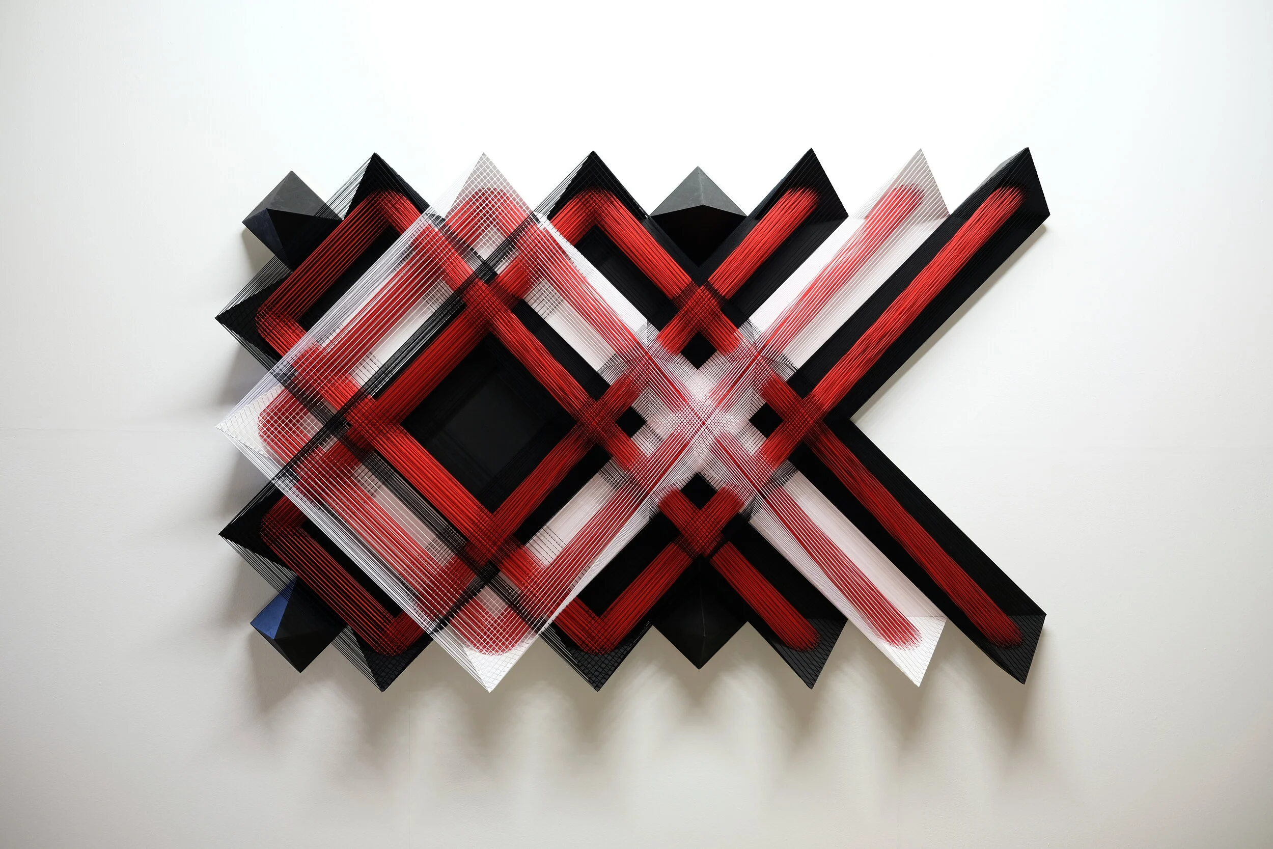    Troublemaker  , 2019, 100x161x17 cm / 39.4 x 63.4 x 6.7 in, cotton, wood, staples, paint 