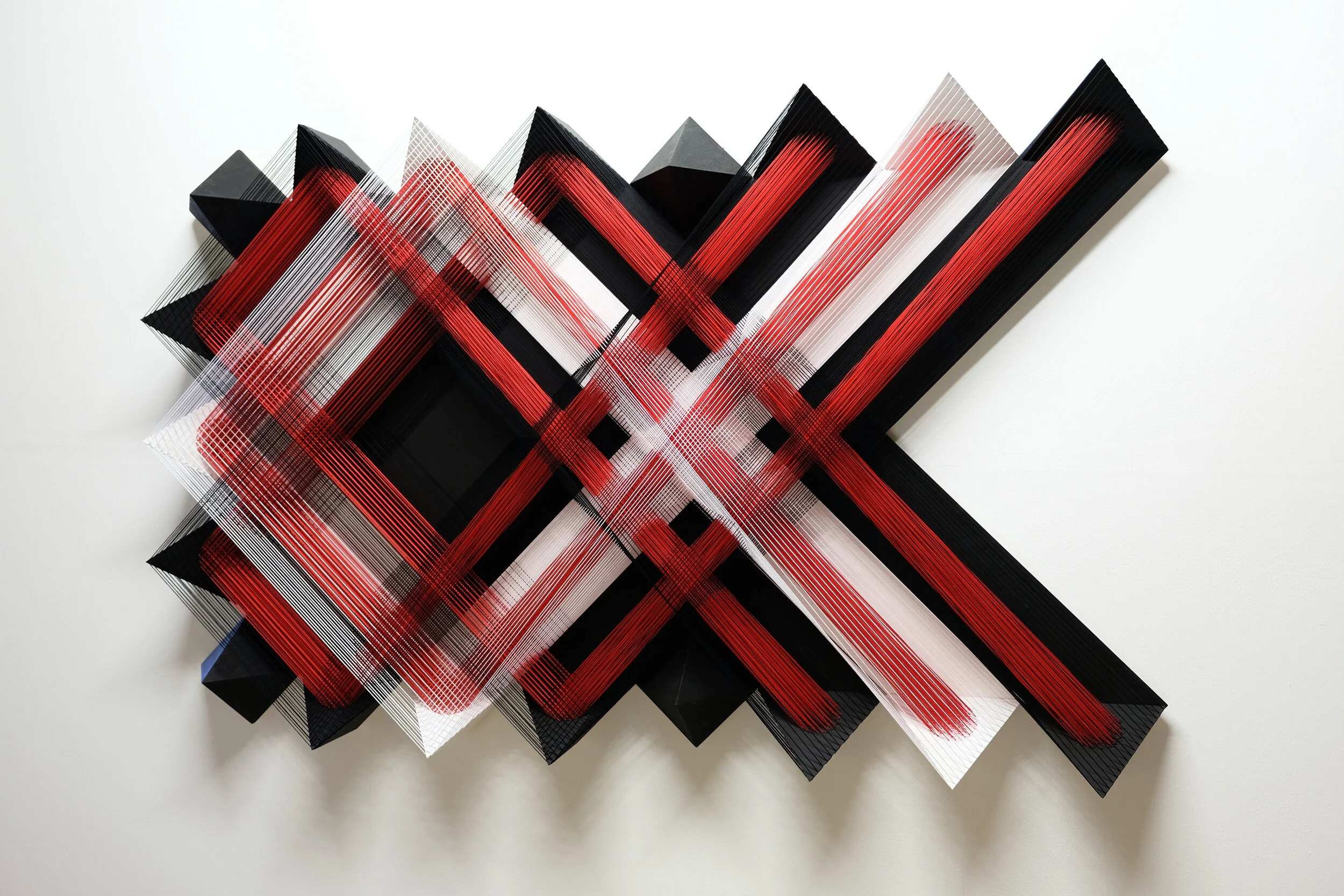    Troublemaker  , 2019, 100x161x17 cm / 39.4 x 63.4 x 6.7 in, cotton, wood, staples, paint 