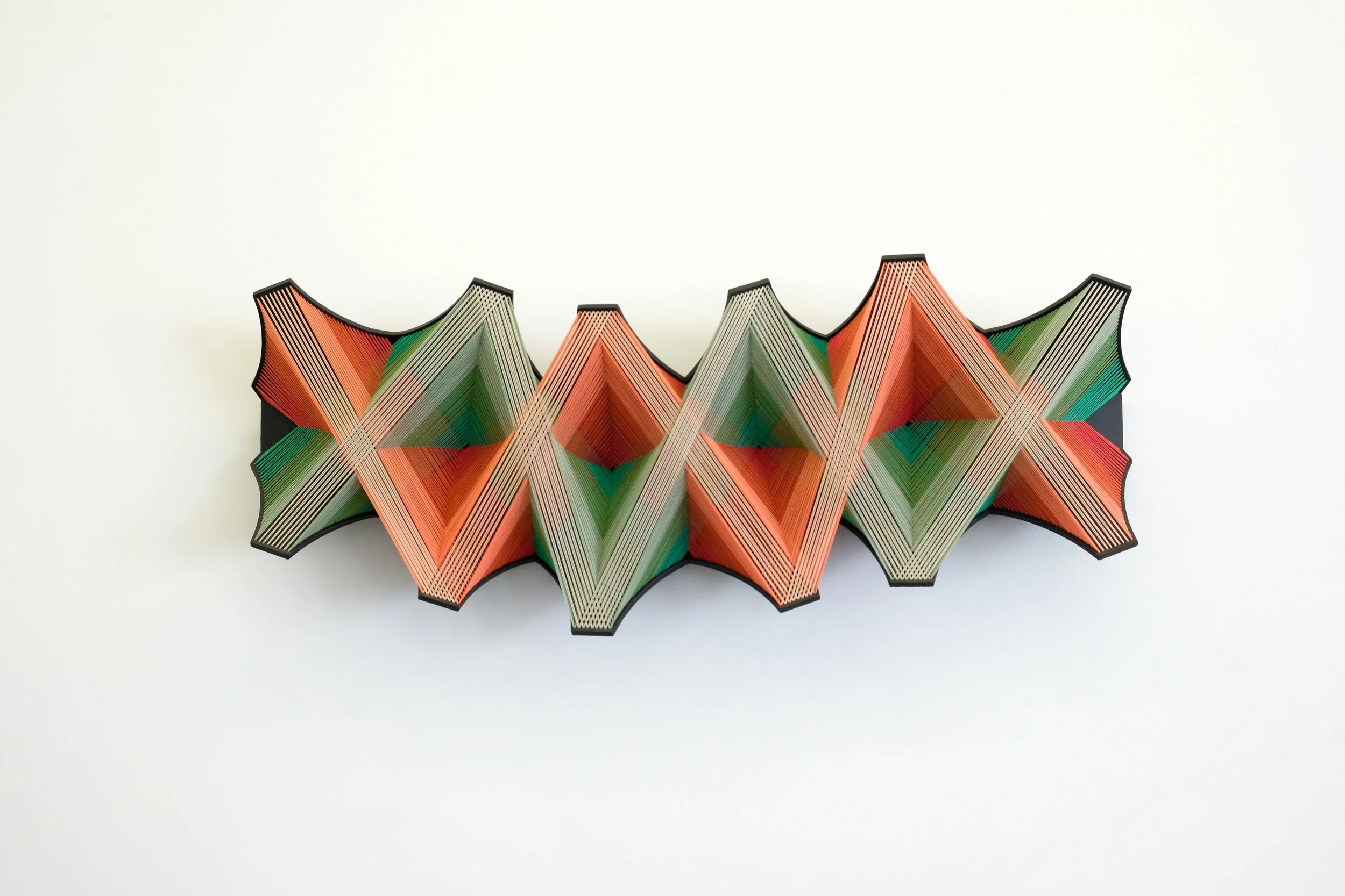   Ghosts  2024, 50x125x16 cm, 19.7x49.2x6.3 in, cotton, wood, staples, paint 