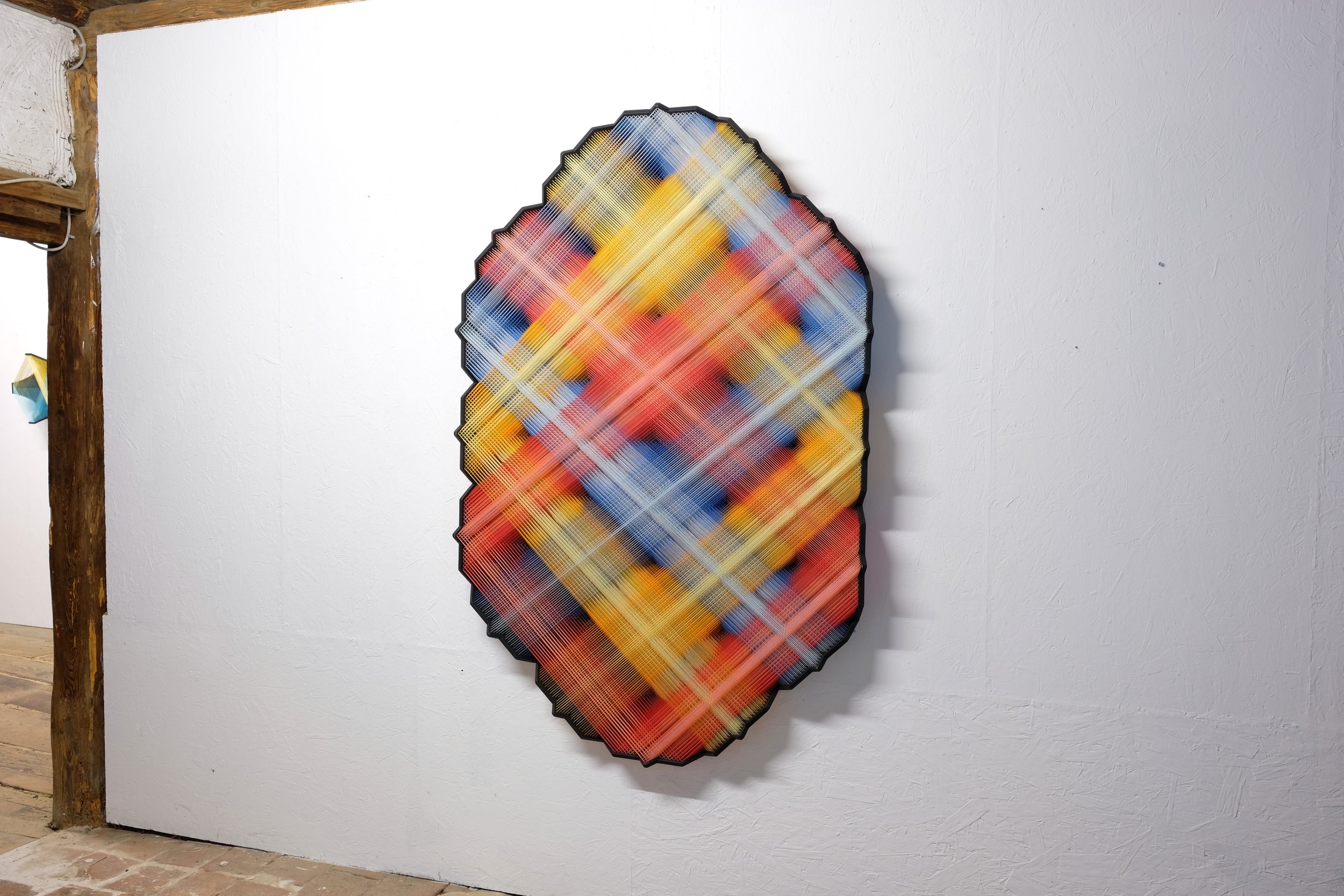   Sun 2  2024, 154x103x13cm 60.6x40.5x5.1in, cotton, wood, staples, paint 