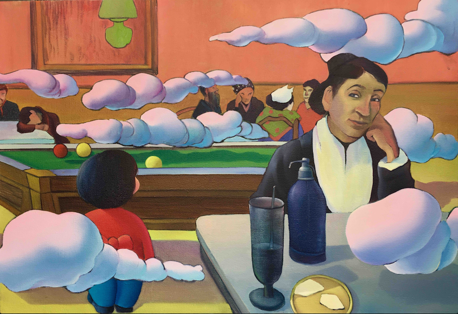 MA Dan, Encounter in the coffee shop at night , 2017, oil on canvas, 110 x 130 cm. © MA Dan and AMY LI GALLERY.