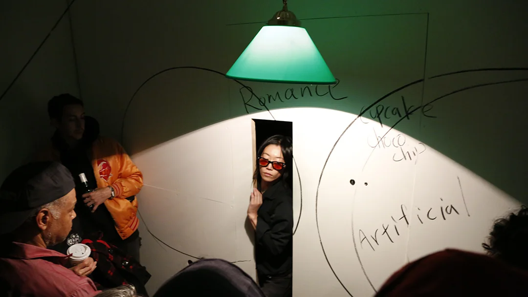 Performance view Wrong Happy Hour , November 2, 2014 at JTT, New York. Photo by Ben Hagari. Courtesy Take Ninagawa, Tokyo