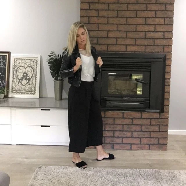 Leather jacket, lace top, 3/4 palazzo pants and cotton on slides. A perfectly comfortable autumn feel outfit. So not ready for summer to go just yet!