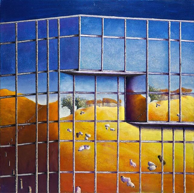 .
LONDON NW1
Another image of the office block I love painting.  However, on this occasion I decided to ignore the actual reflection and substitute it for a flock of sheep grazing peacefully on a remote hillside on a summer afternoon. The woman who b