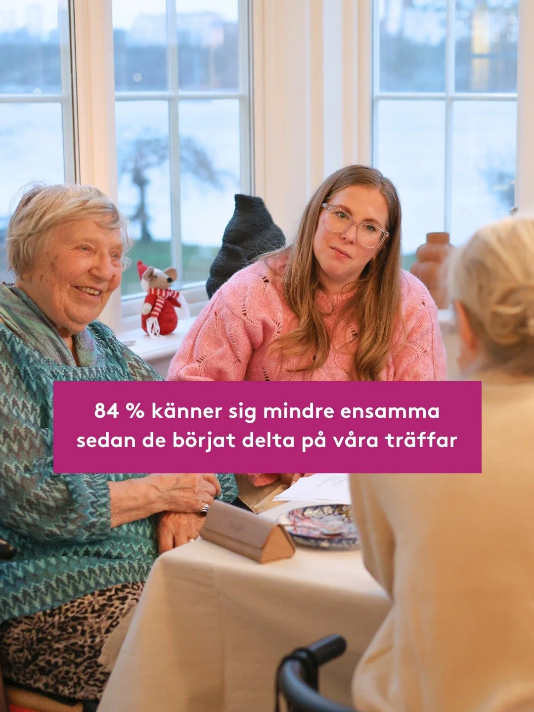 P&aring; v&aring;r &aring;rliga kvalitetsutv&auml;rdering svarar 84% av v&aring;ra ensamma &auml;ldre att de k&auml;nner sig mindre ensamma sedan de b&ouml;rjat delta p&aring; v&aring;ra fikatr&auml;ffar. En siffra vi &auml;r stolta &ouml;ver! 

Bli 