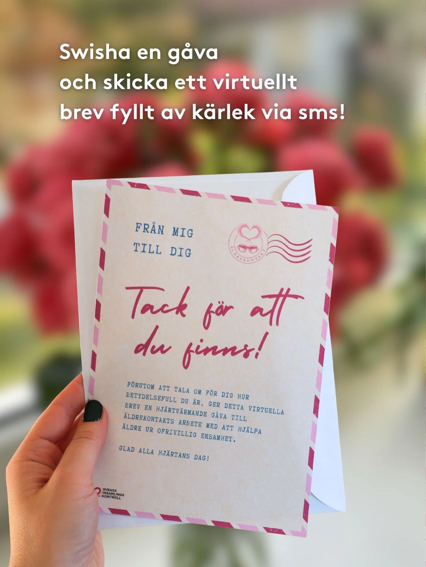 N&auml;r fick du senast ett k&auml;rleksbrev?💌
I samband med alla hj&auml;rtans dag kan du sk&auml;nka en g&aring;va till v&aring;rt arbete med att hj&auml;lpa &auml;ldre ur ensamhet och social isolering - och samtidigt skicka ett virtuellt brev fyl