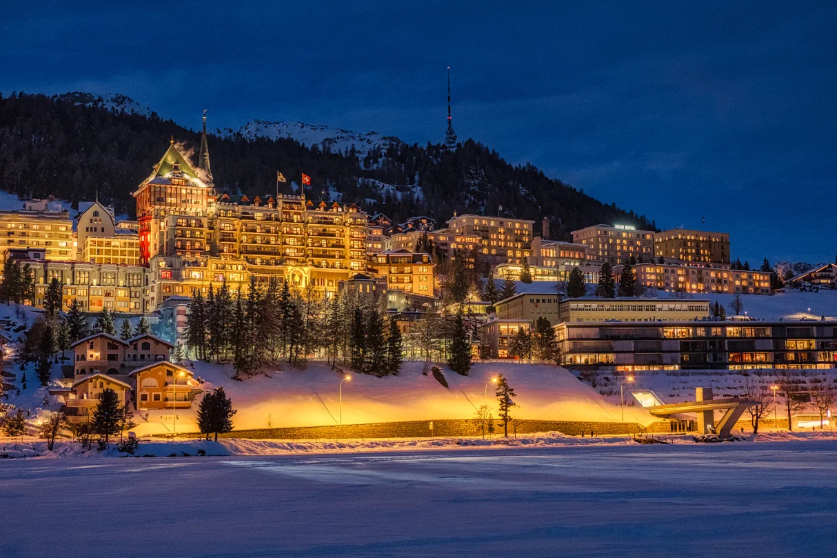 St. Moritz at night showing a few of its frequently reviewed hotels.